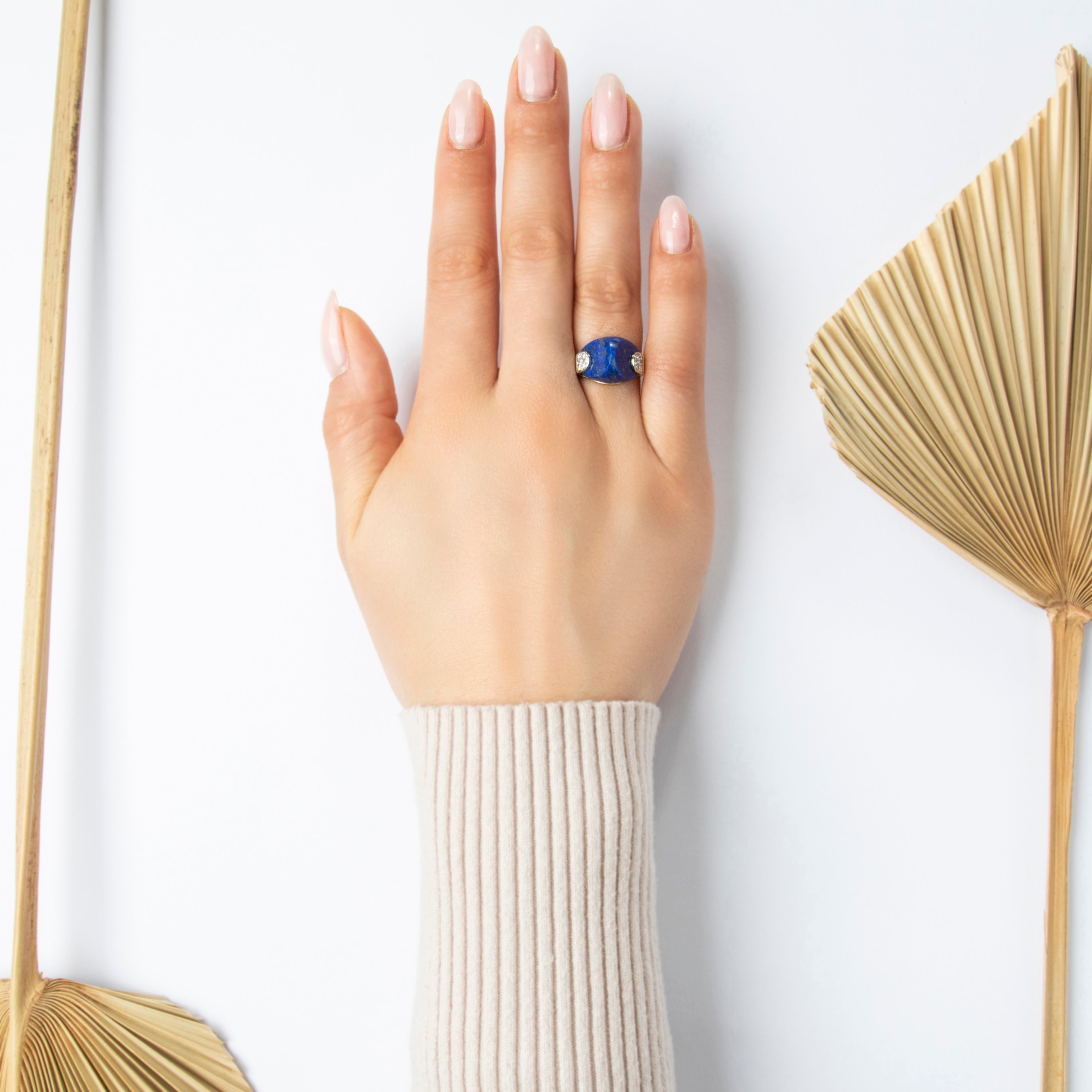 Vintage 14k Yellow Gold 9.72ct Lapis Lazuli Diamond Triangle Statement Ring - On model view