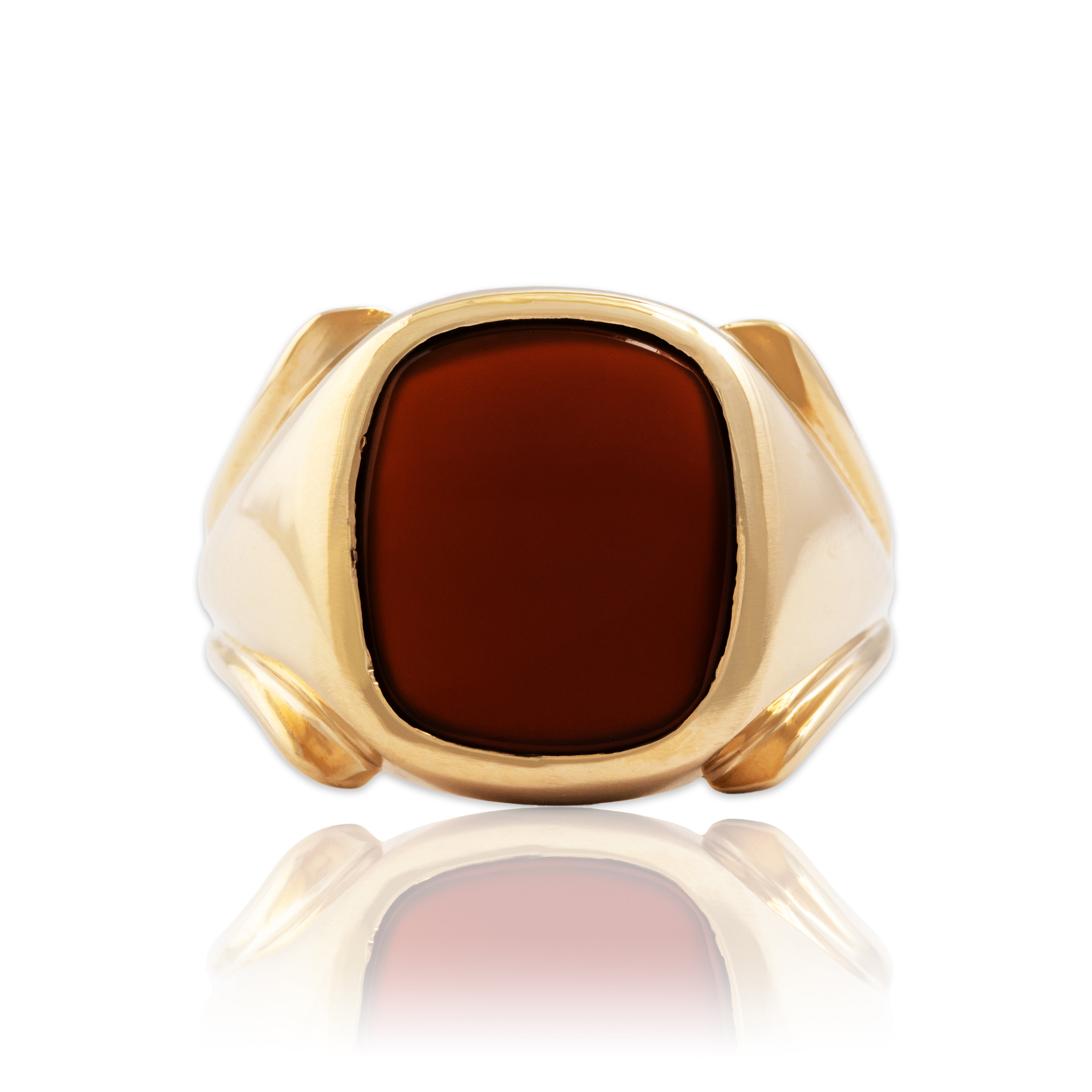 Vintage Heavy 10k Yellow Gold 2.9ct Carnelian Bold Fluted Signet Ring - Close-up view