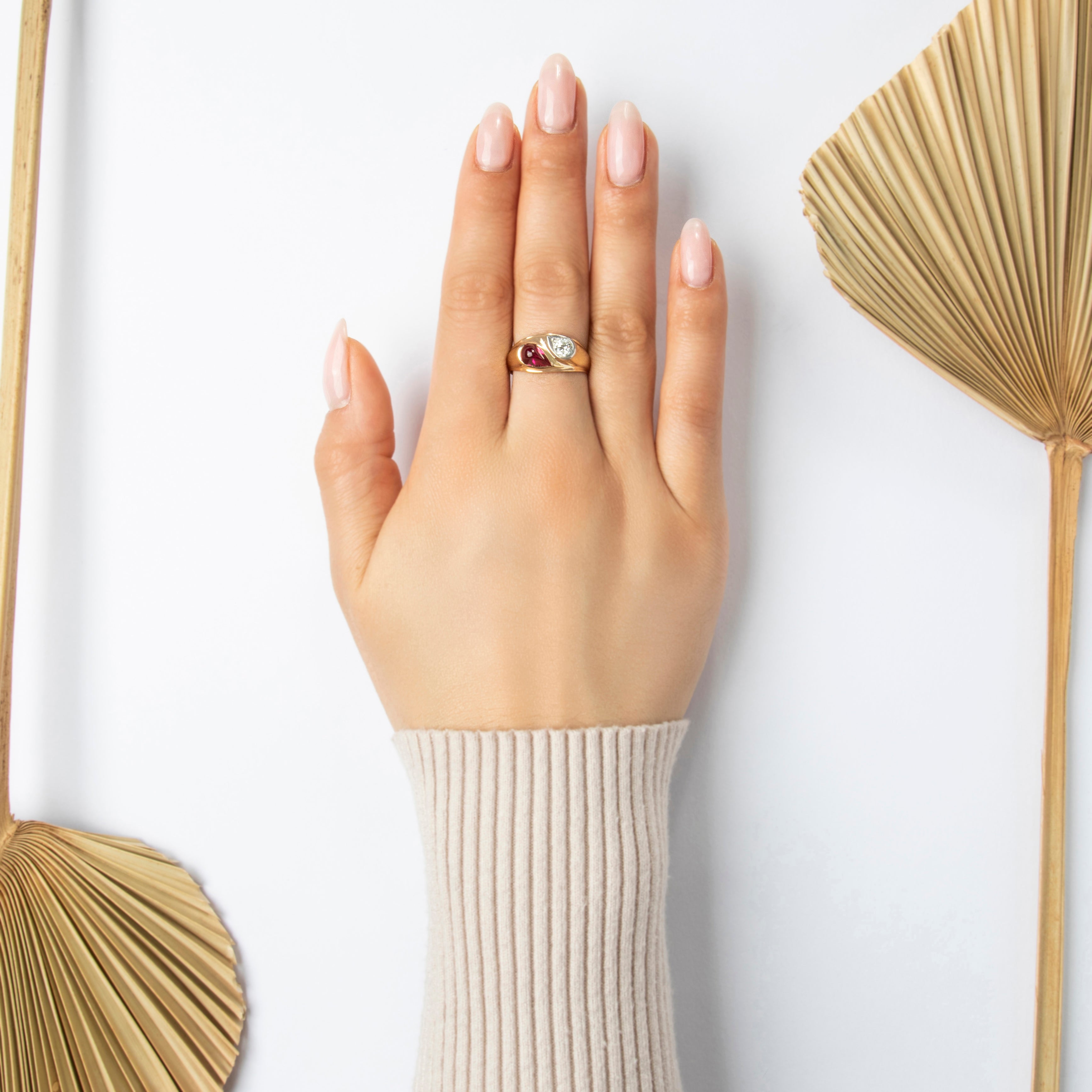 Vintage 14k Yellow Gold 2ct Synthetic Ruby Natural Diamond Pear Ring - On model view