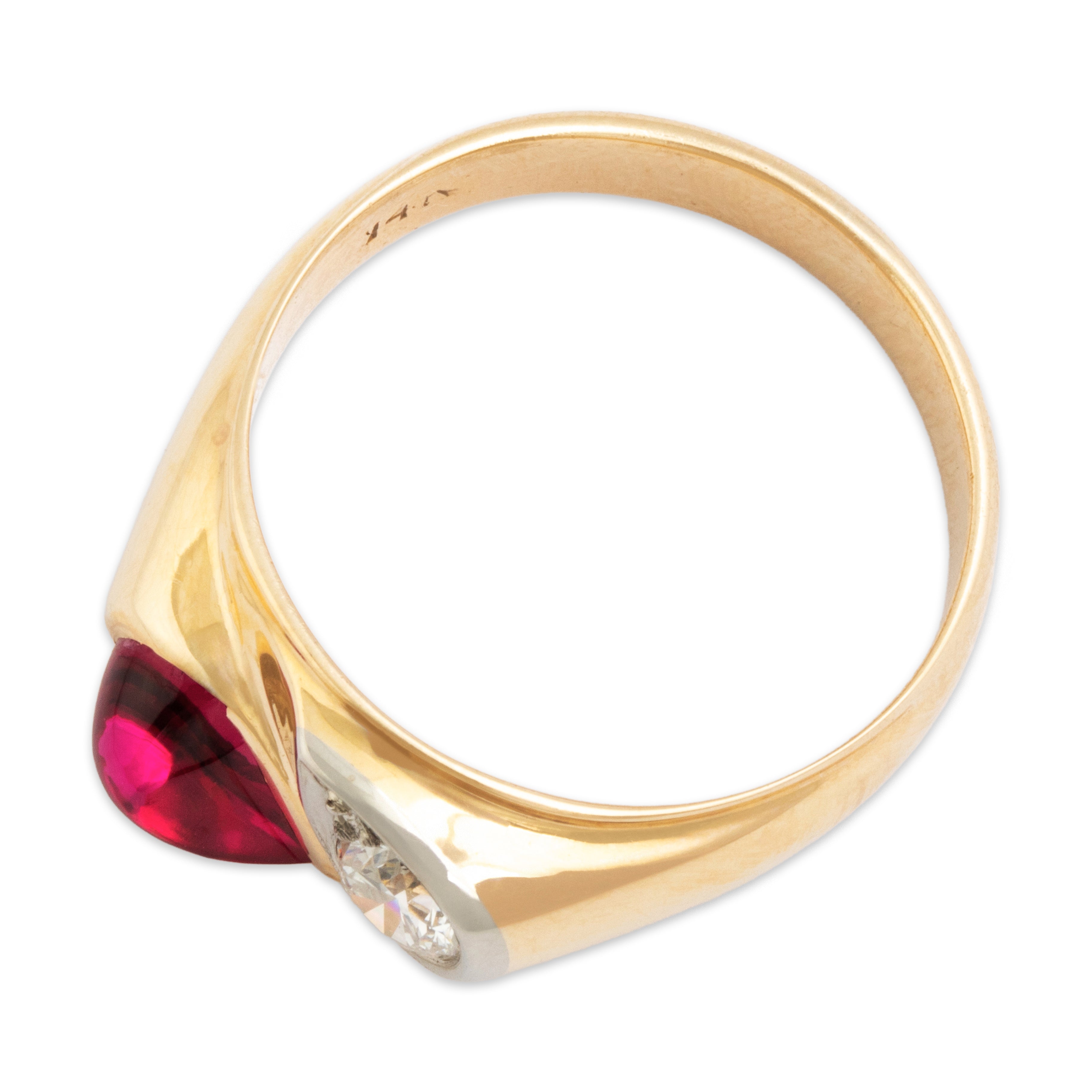Vintage 14k Yellow Gold 2ct Synthetic Ruby Natural Diamond Pear Ring - Overall view