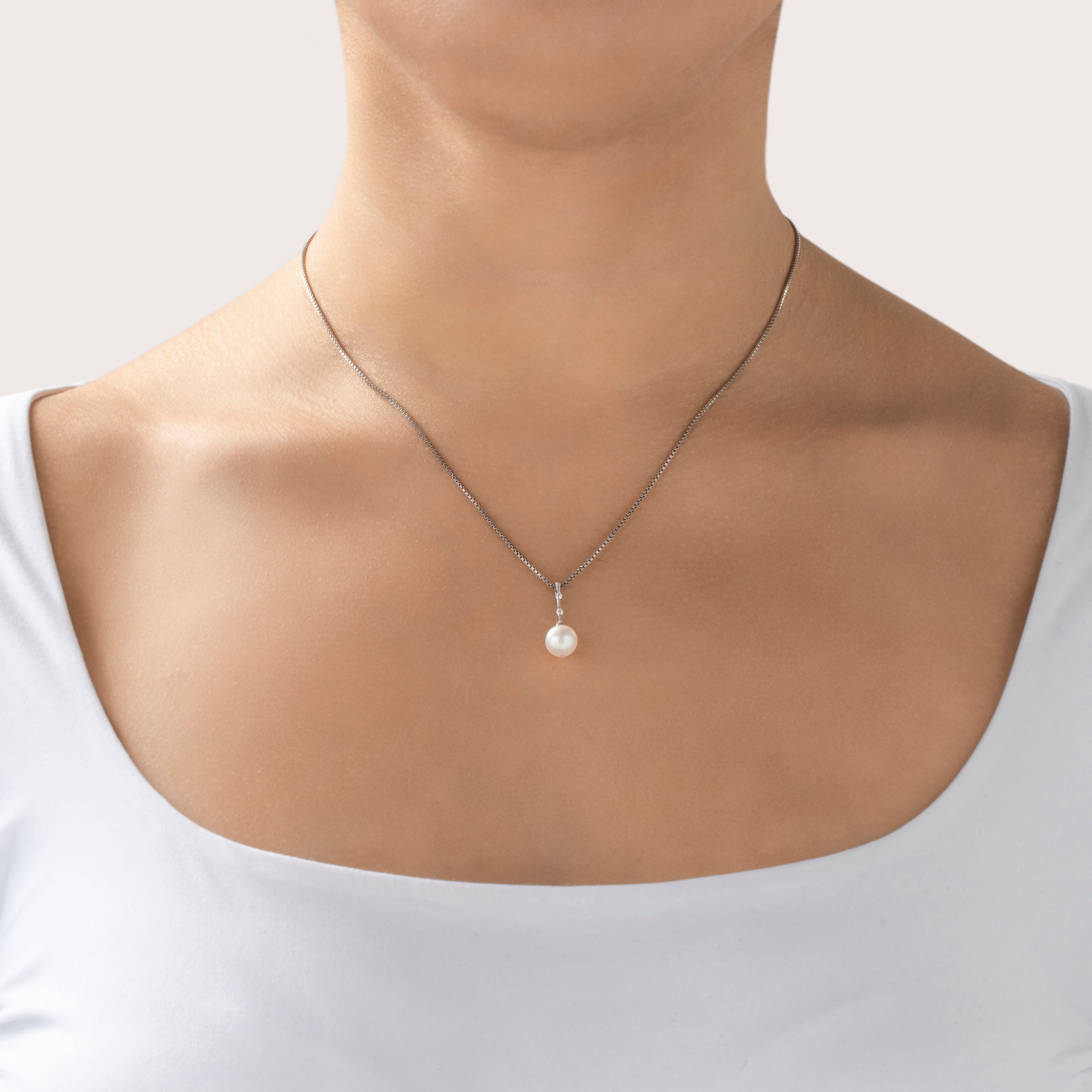 Vintage 14k White Gold Pearl Diamond Sleek Bar Drop Pendant - On model view