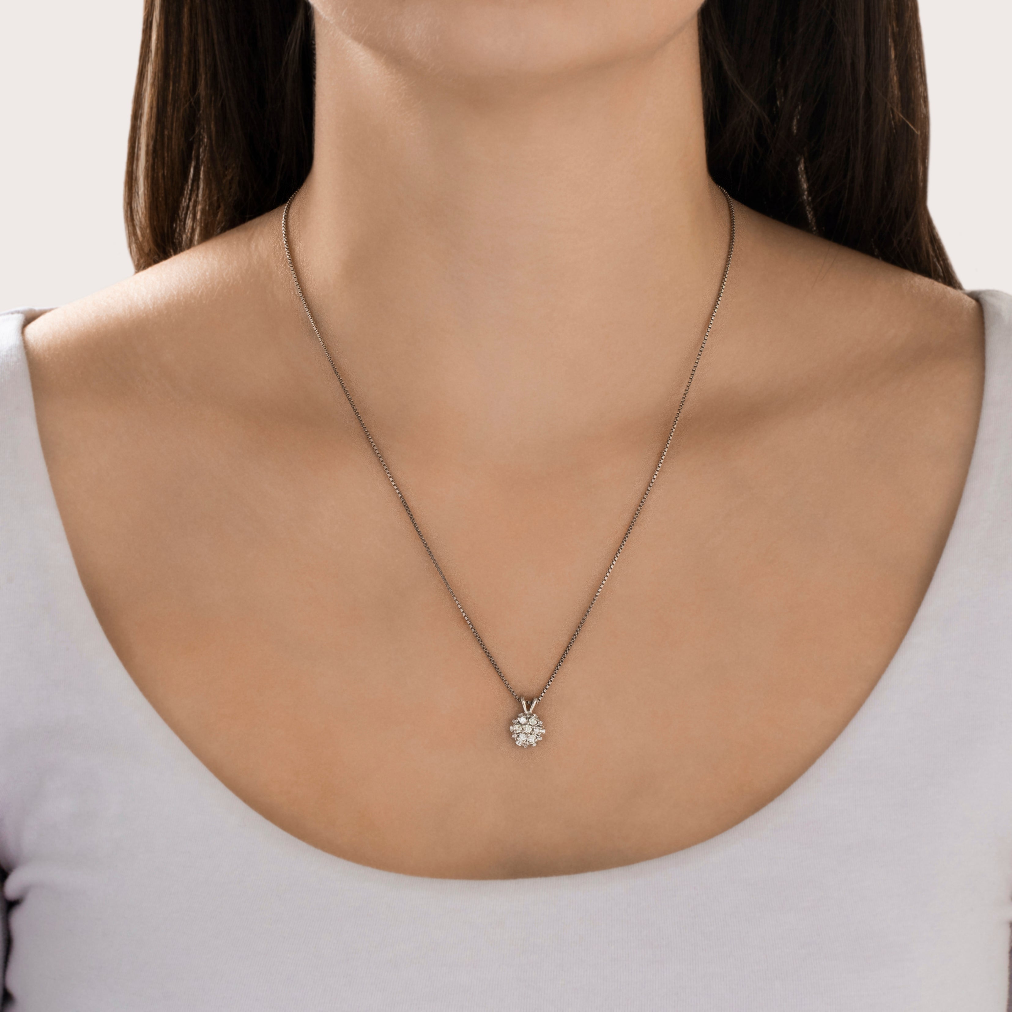 Vintage 14k White Gold Diamond Floral Burst Pendant  - On model view