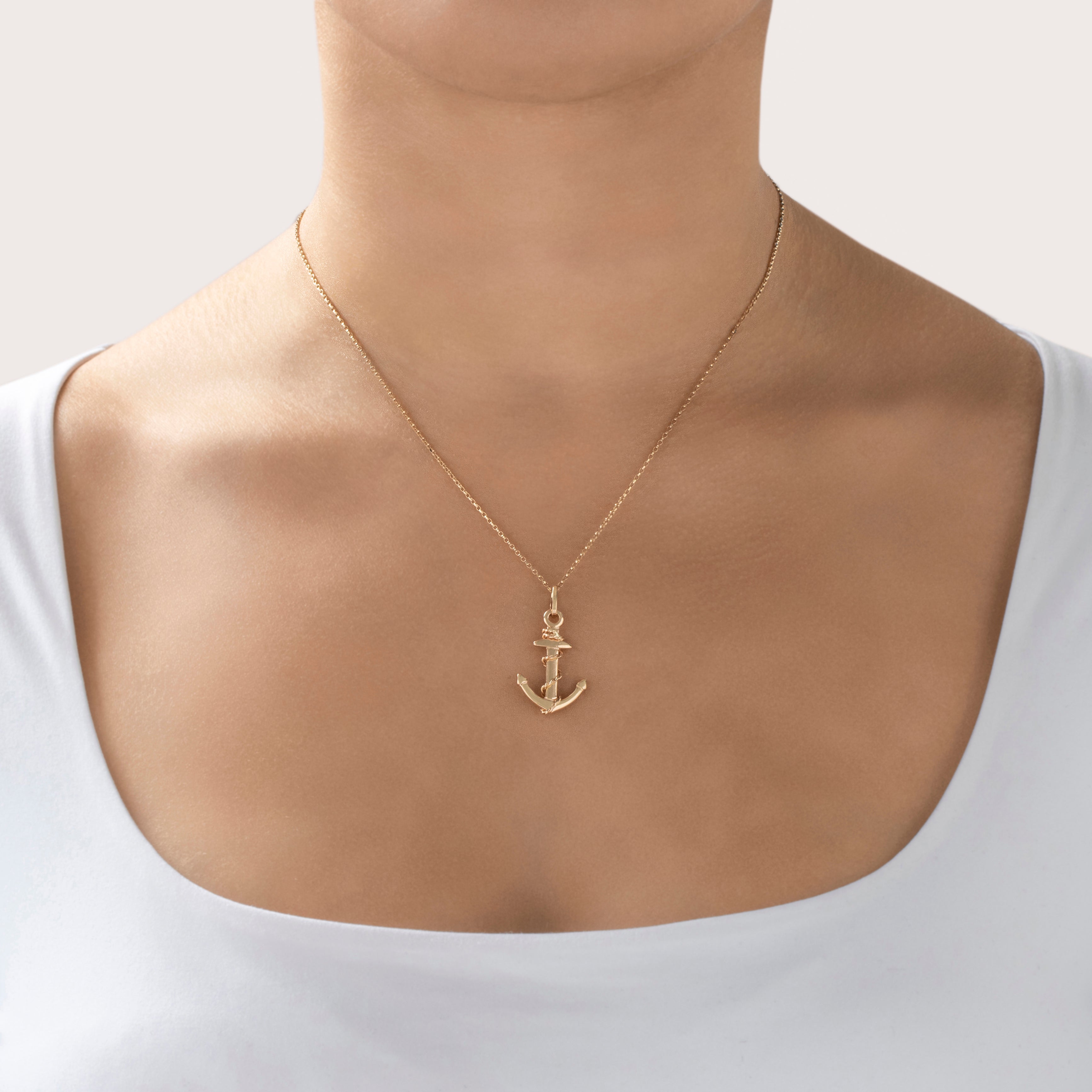 Vintage Large 14k Rosy Yellow Gold Nautical Fouled Anchor Pendant - On model view