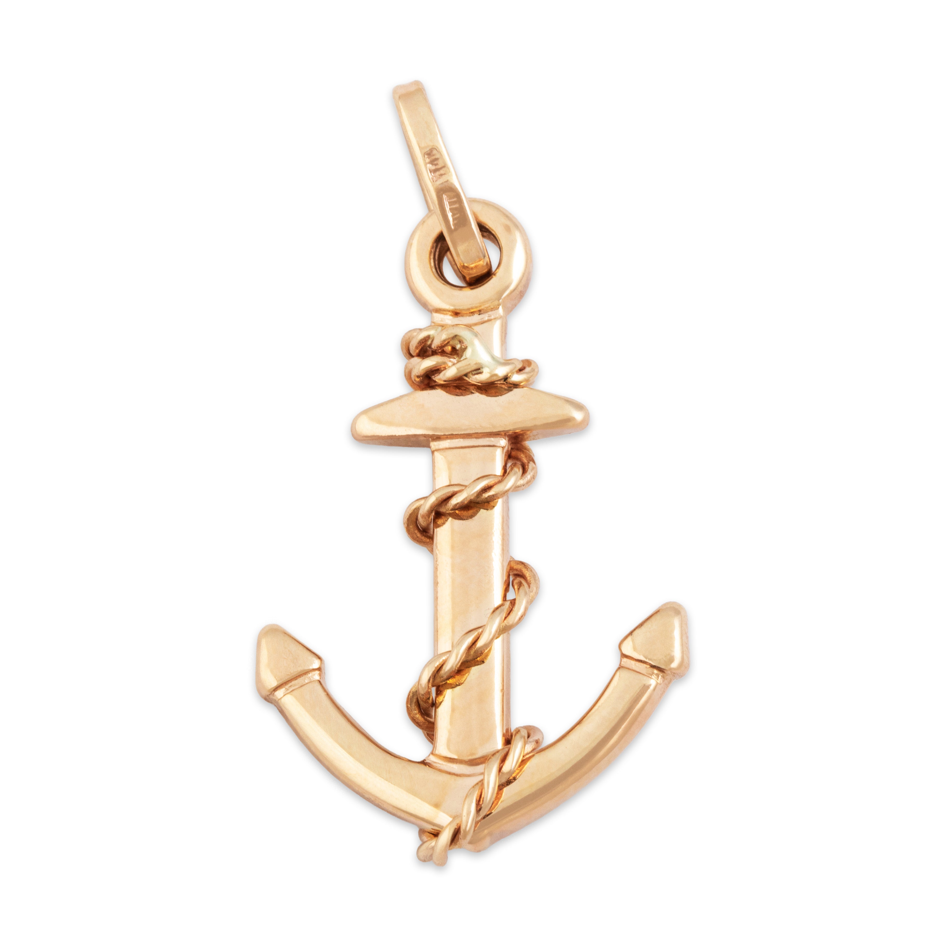 Vintage Large 14k Rosy Yellow Gold Nautical Fouled Anchor Pendant - Overall view