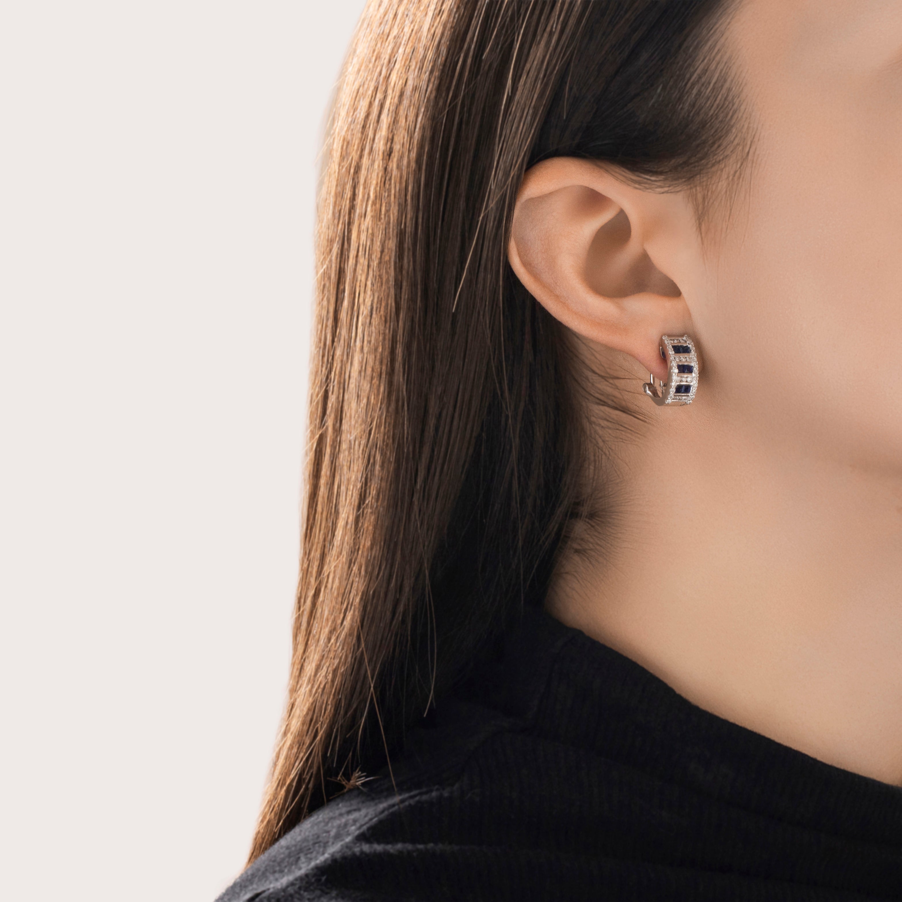 Vintage 14k White Gold Sapphire Diamond Dazzling Omega Back Half-Hoop Earrings - On model view