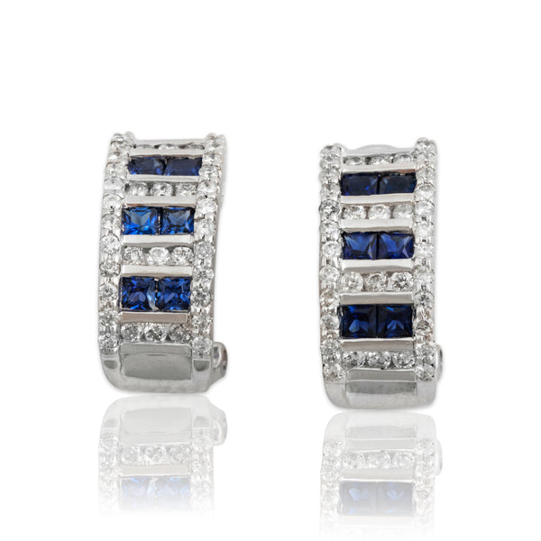 Vintage 14k White Gold Sapphire Diamond Dazzling Omega Back Half-Hoop Earrings