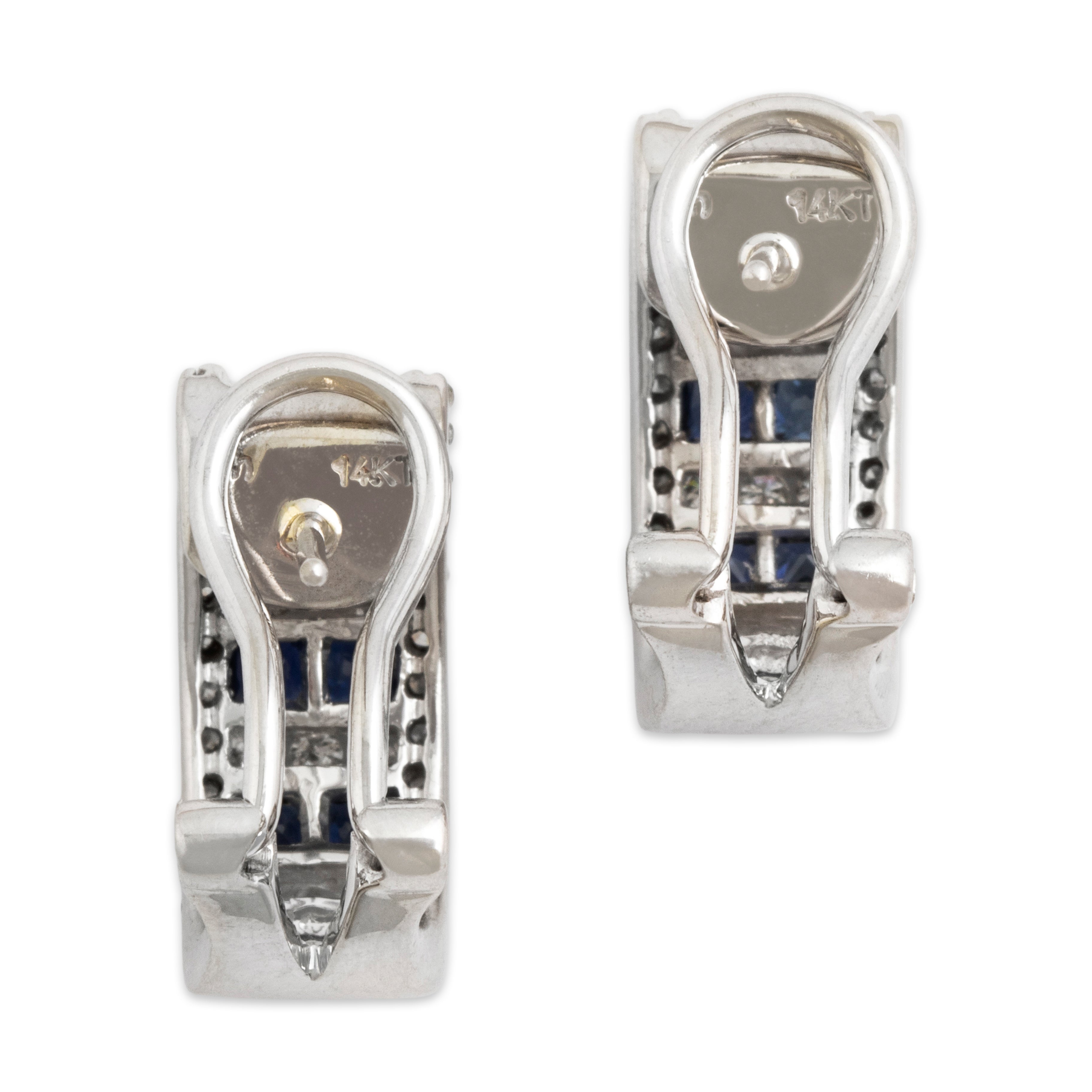 Vintage 14k White Gold Sapphire Diamond Dazzling Omega Back Half-Hoop Earrings - Back view