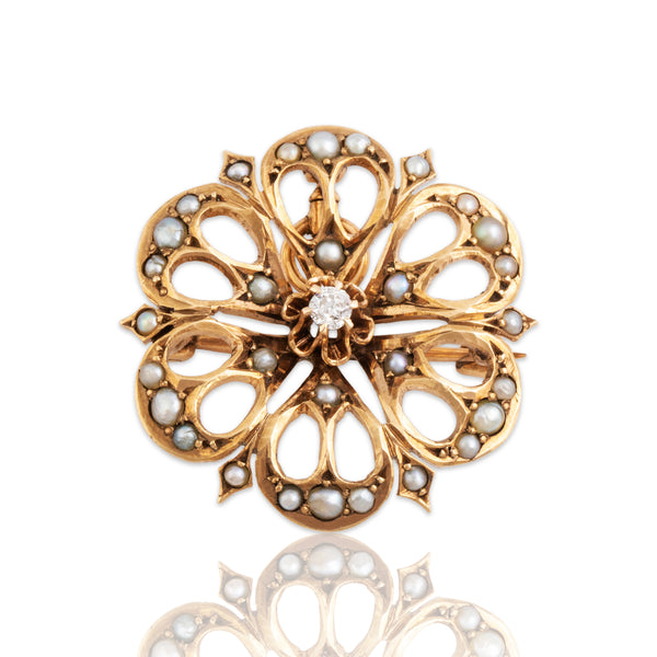 Antique Victorian 10k Rosy Yellow Gold Old Mine Diamond Pearl Floral Pin / Pendant