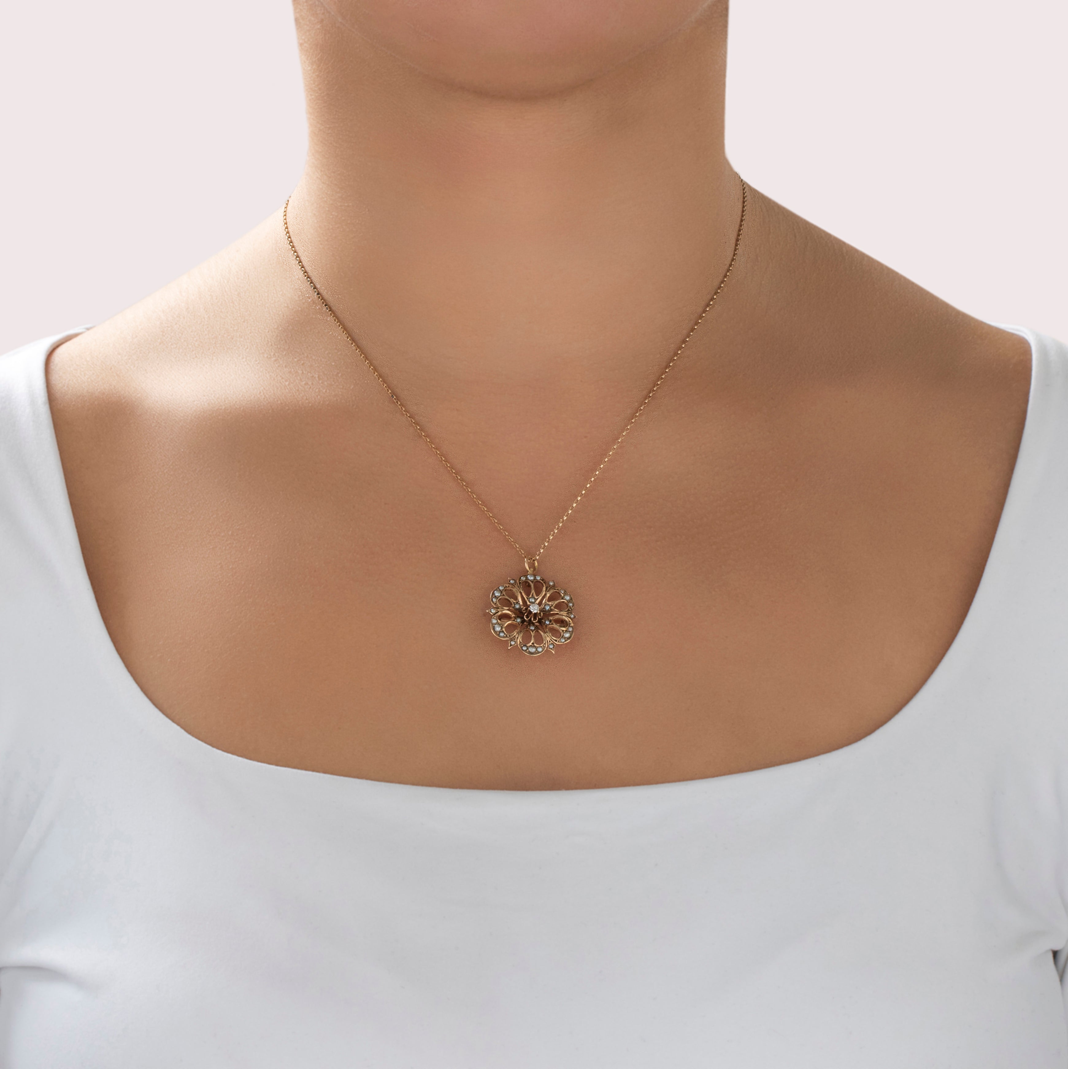 Antique Victorian 10k Rosy Yellow Gold Old Mine Diamond Pearl Floral Pin / Pendant - On model view