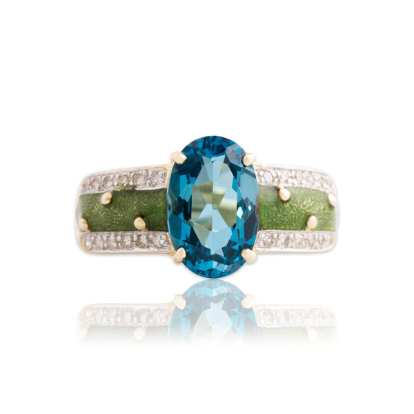 Vintage 14k Yellow Gold 2.4ct London Blue Topaz Diamond Green Enamel Ring 7.0