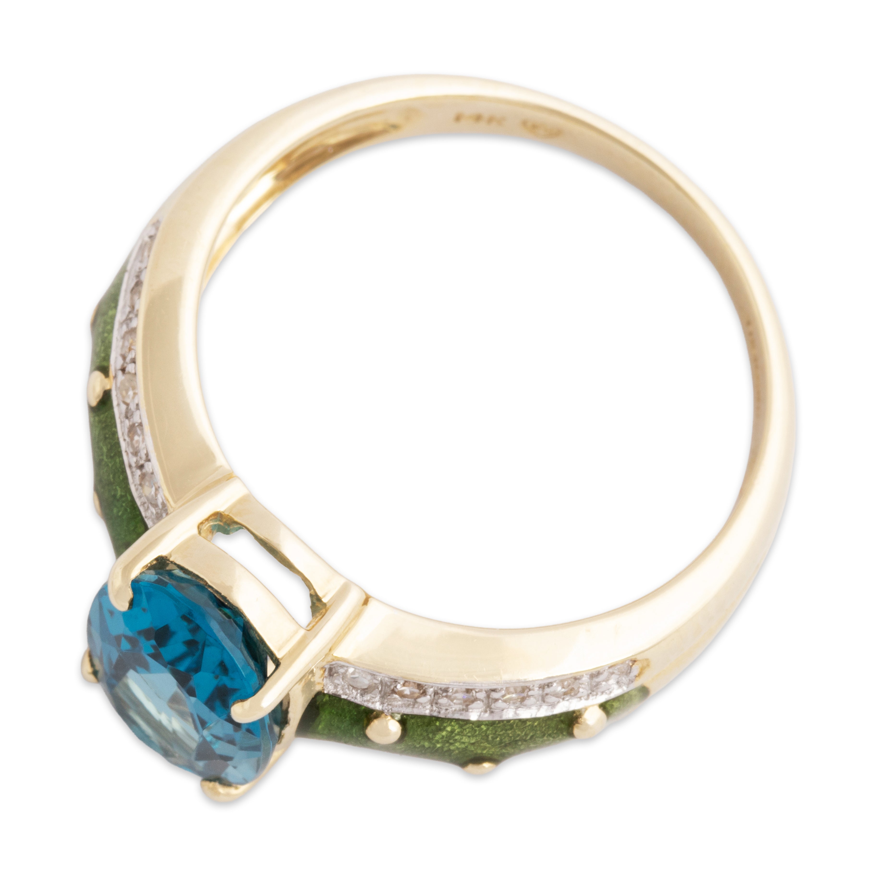 Vintage 14k Yellow Gold 2.4ct London Blue Topaz Diamond Green Enamel Ring - Overall view