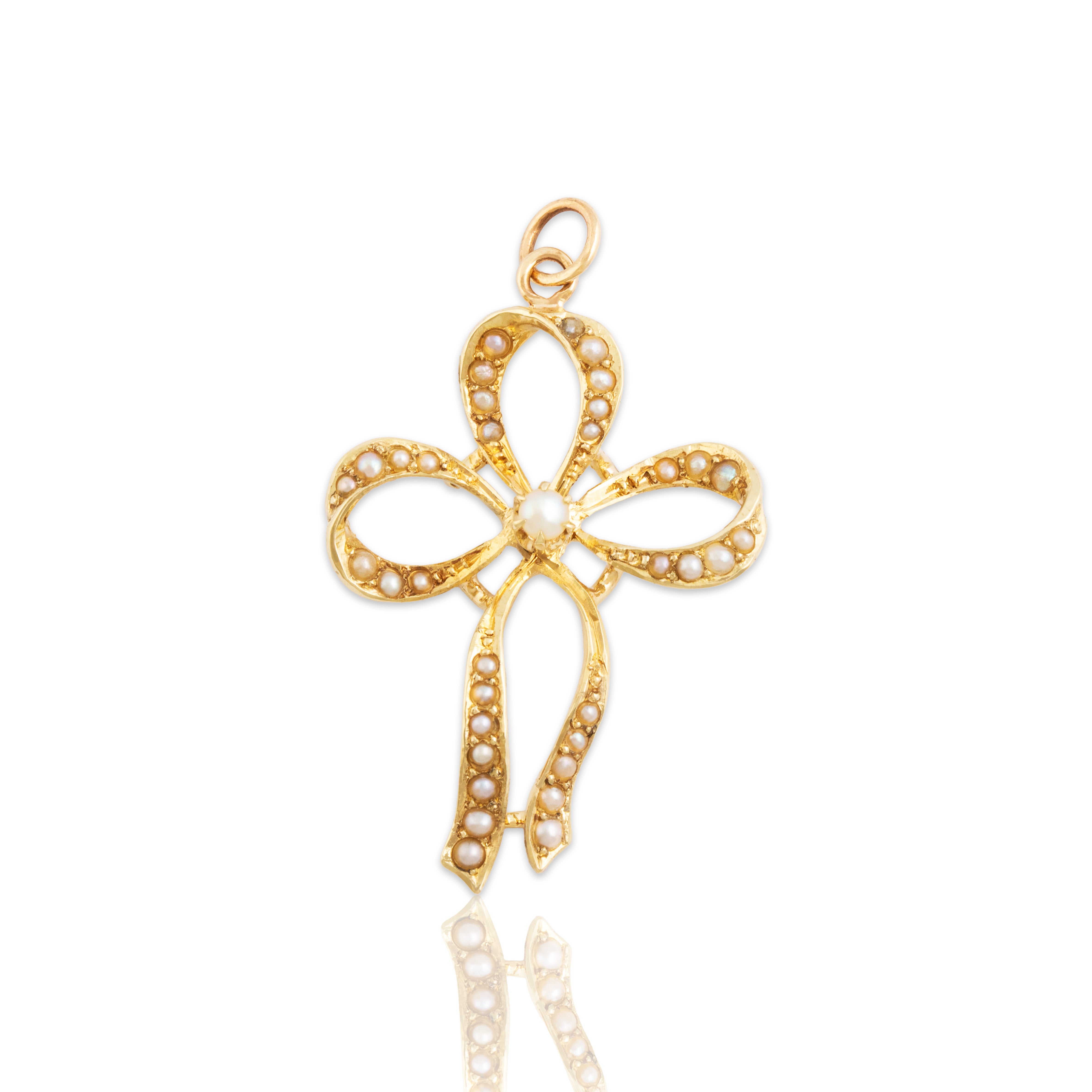 Antique Large 14k Yellow Gold Pearl Graceful Decorated Bow Pendant - Close-up view