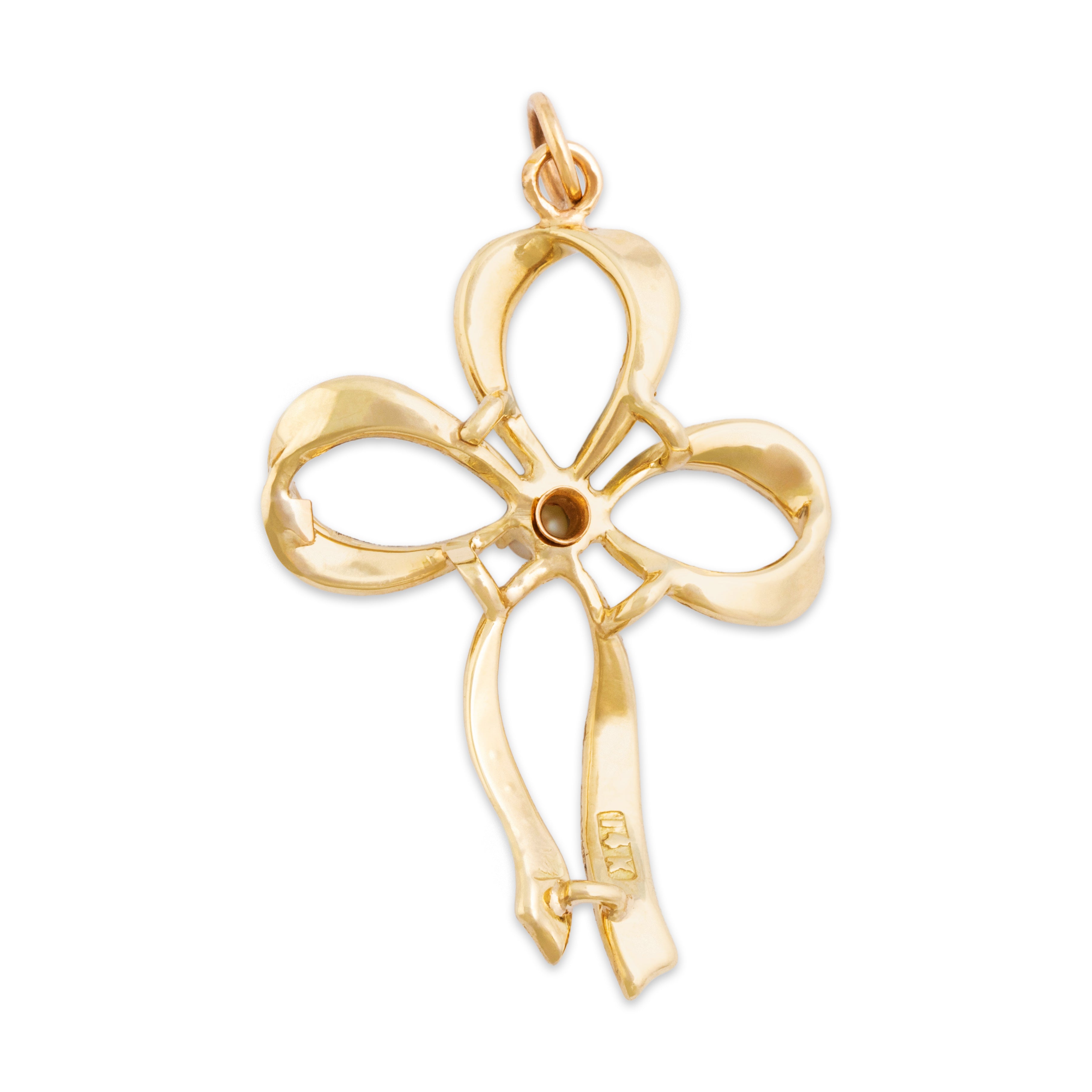 Antique Large 14k Yellow Gold Pearl Graceful Decorated Bow Pendant - Back view