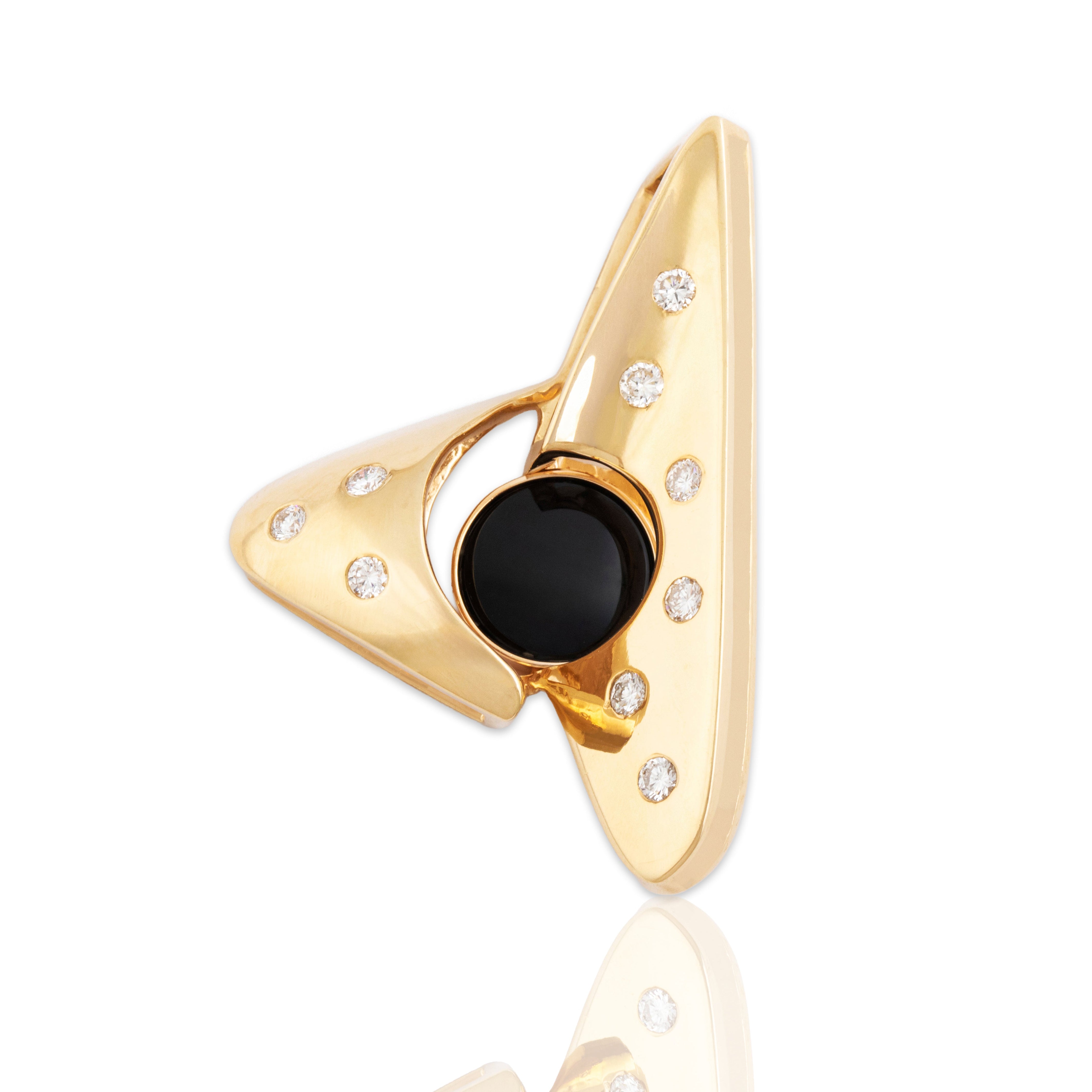 Vintage Large 14k Yellow Gold 1.16ct Onyx Diamond Enamel Abstract Pendant - Close-up view