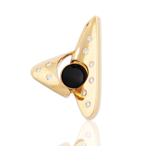 Vintage Large 14k Yellow Gold 1.16ct Onyx Diamond Enamel Abstract Pendant