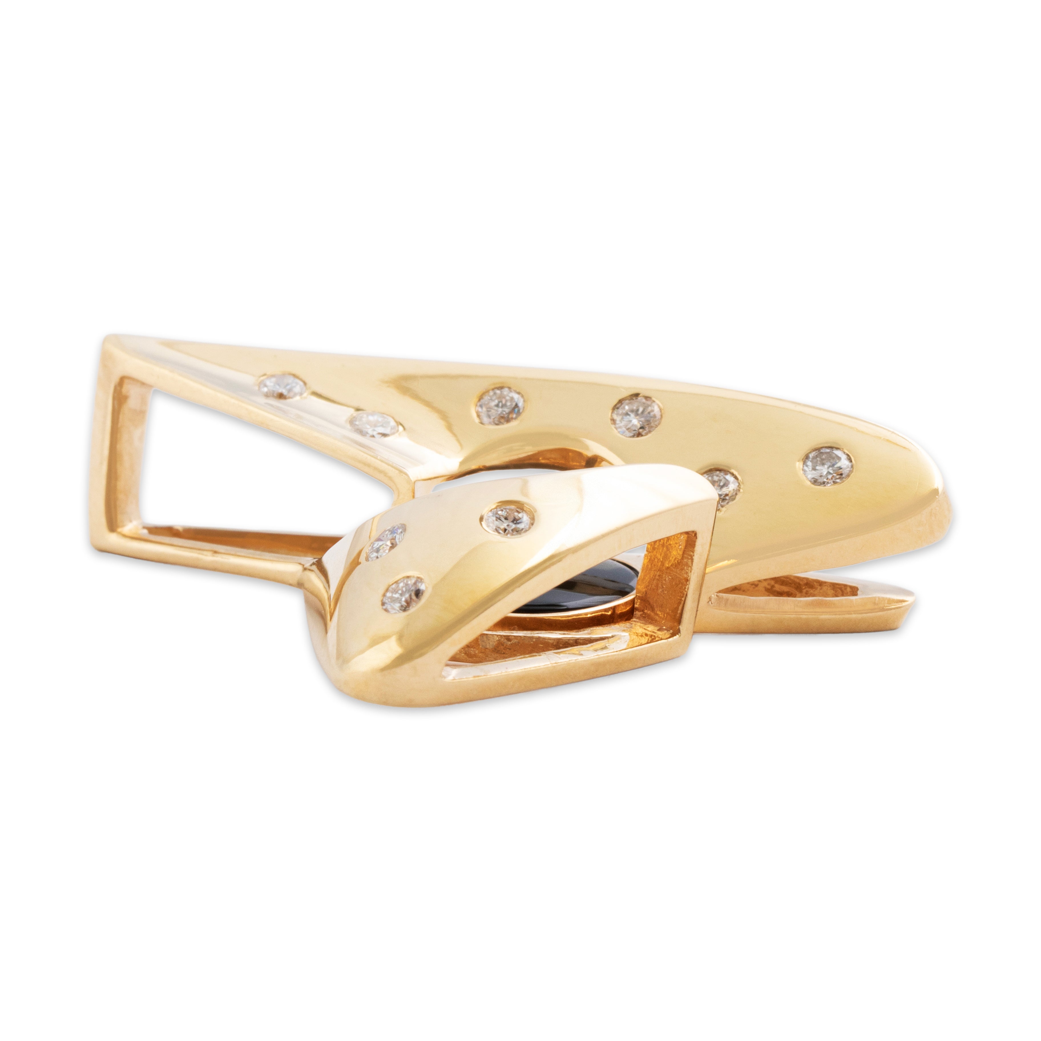 Vintage Large 14k Yellow Gold 1.16ct Onyx Diamond Enamel Abstract Pendant - Side view