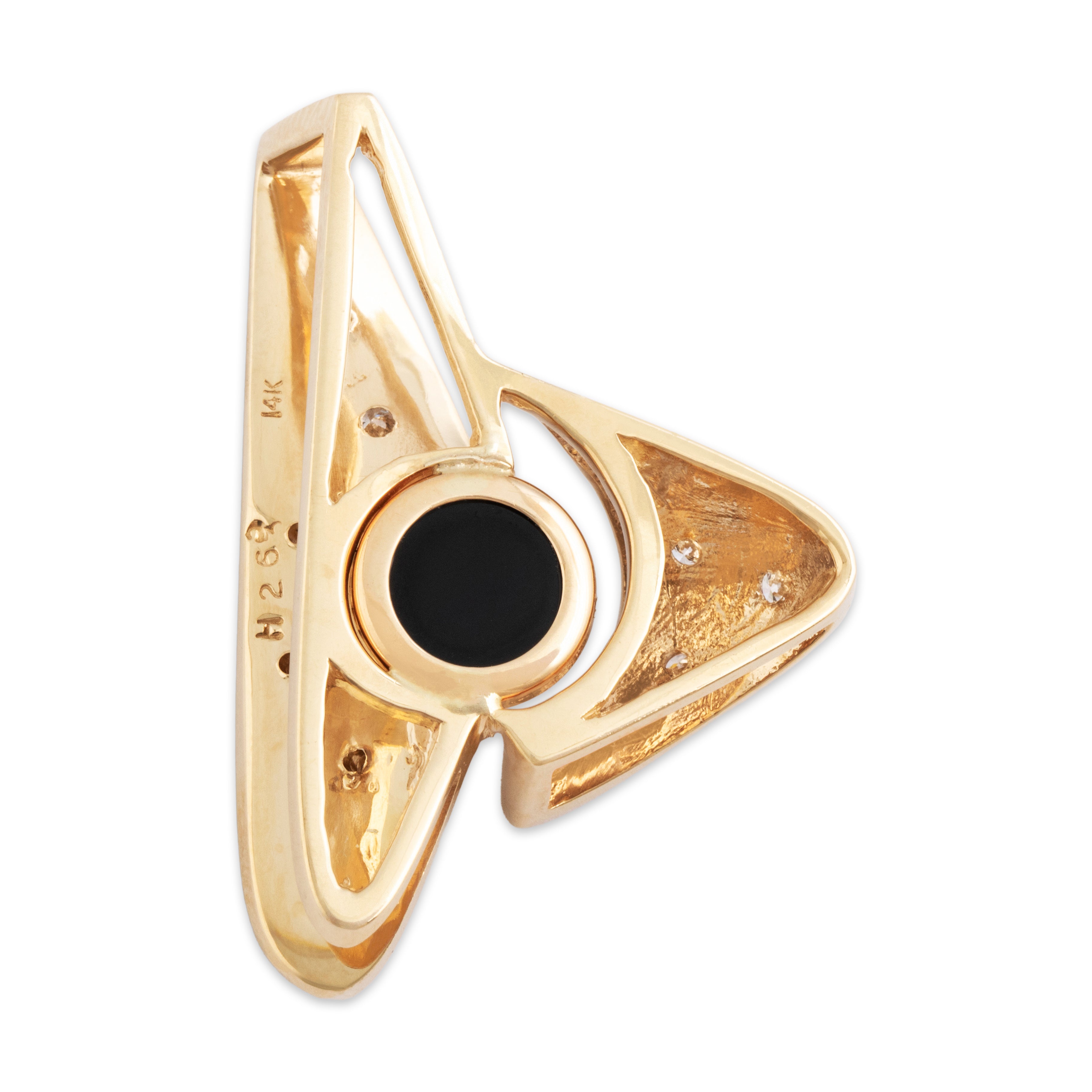 Vintage Large 14k Yellow Gold 1.16ct Onyx Diamond Enamel Abstract Pendant - Hallmark view