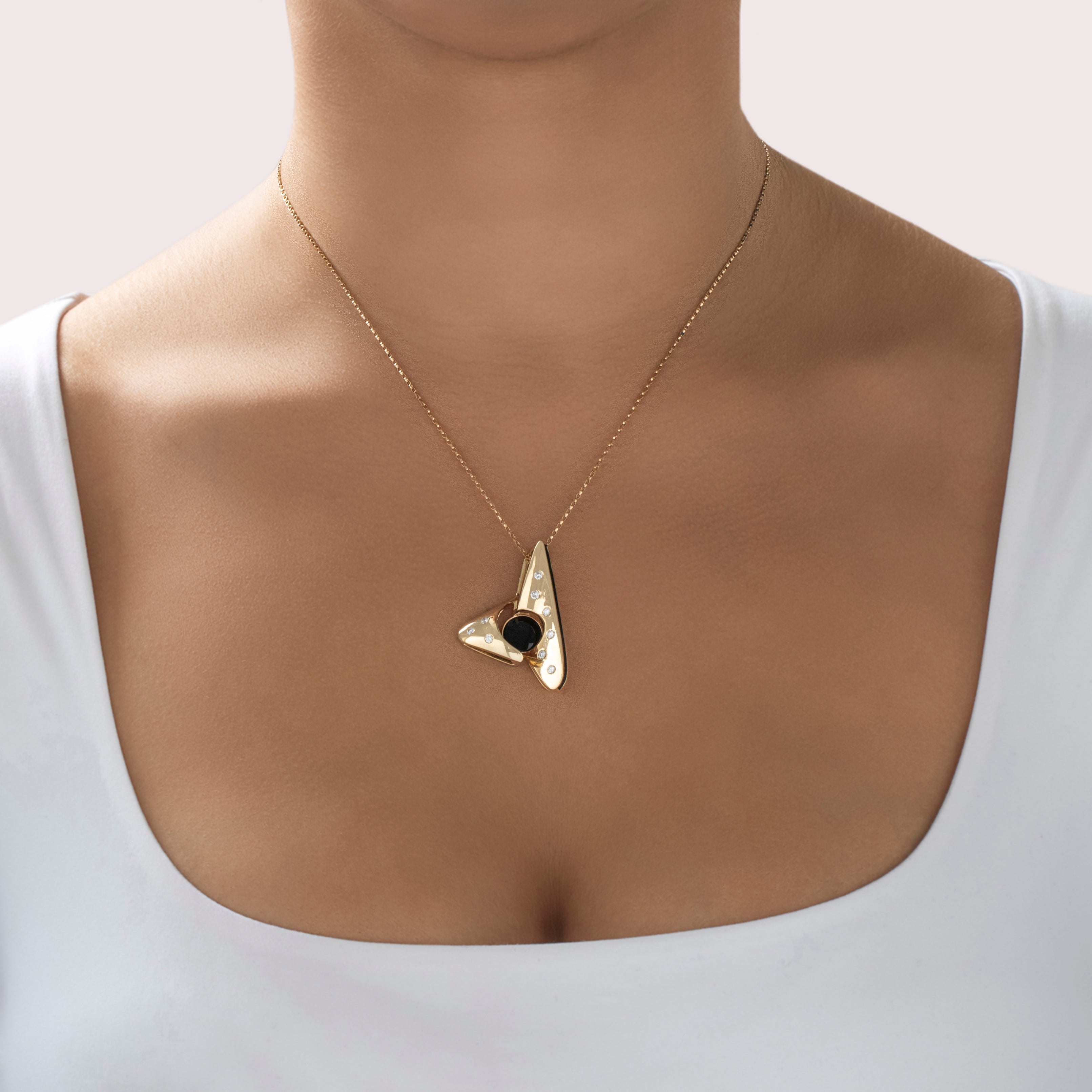 Vintage Large 14k Yellow Gold 1.16ct Onyx Diamond Enamel Abstract Pendant - On model view