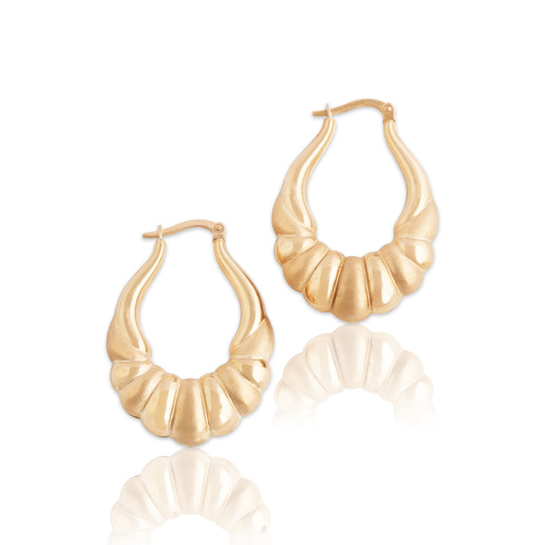 Vintage Italian Large 14k Yellow Gold Fantastic Textured Ribbed Hoop Earrings