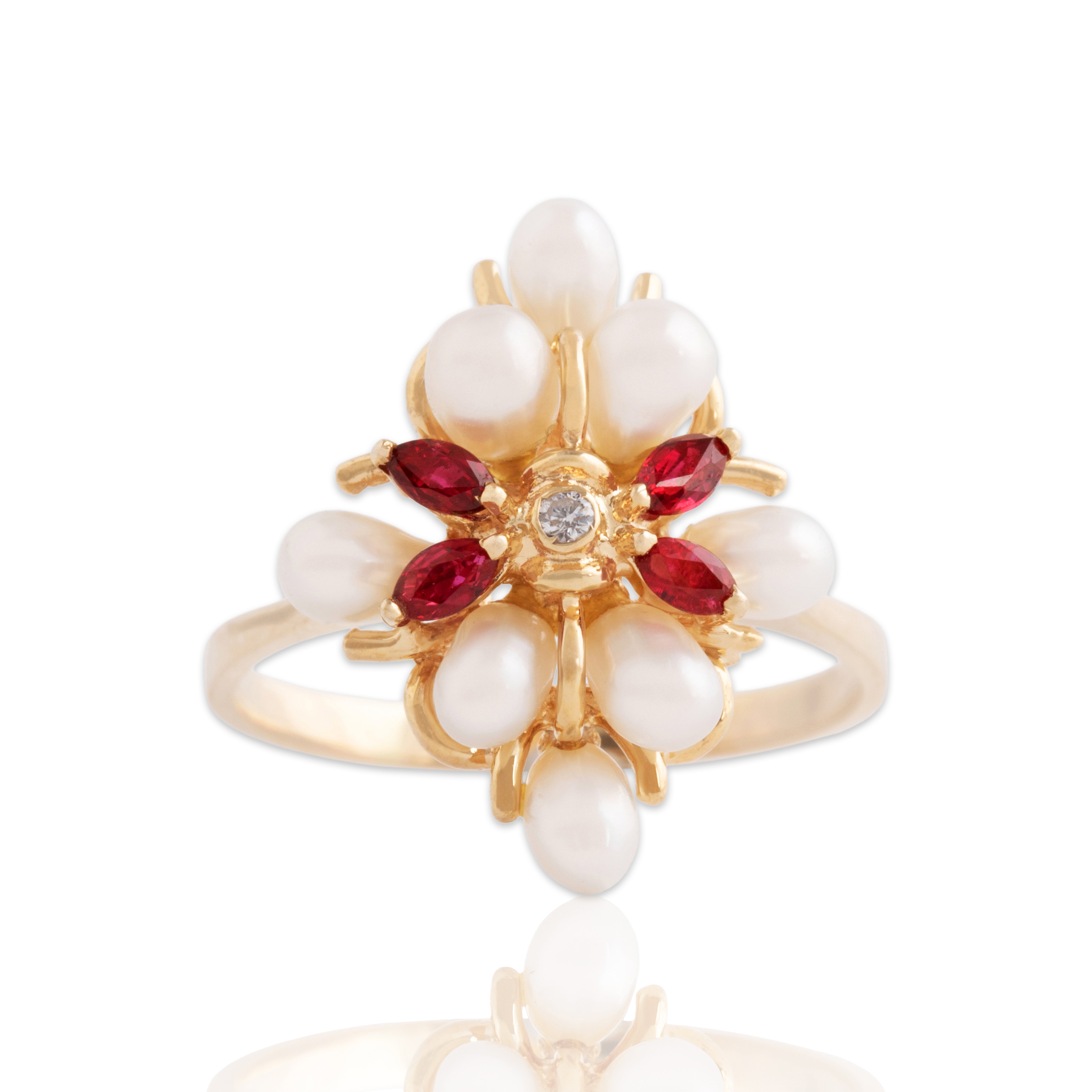 Vintage 18k Yellow Gold Pearl Ruby Diamond Elegant Burst Ring - Close-up view