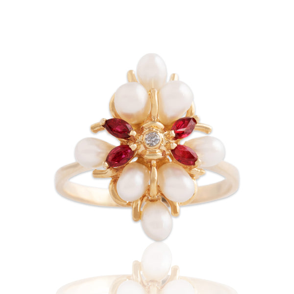 Vintage 18k Yellow Gold Pearl Ruby Diamond Elegant Burst Ring 8.25