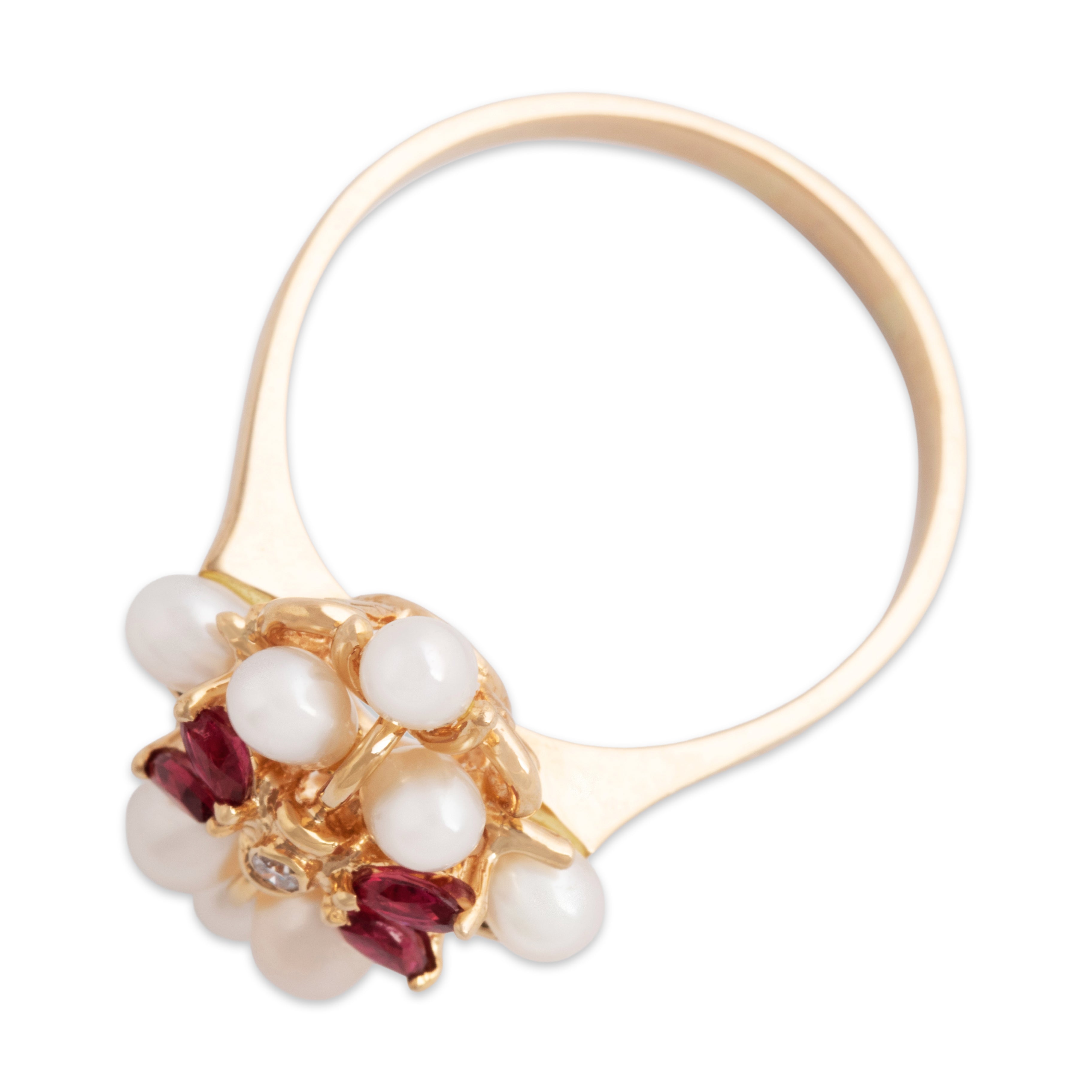 Vintage 18k Yellow Gold Pearl Ruby Diamond Elegant Burst Ring - Overall view