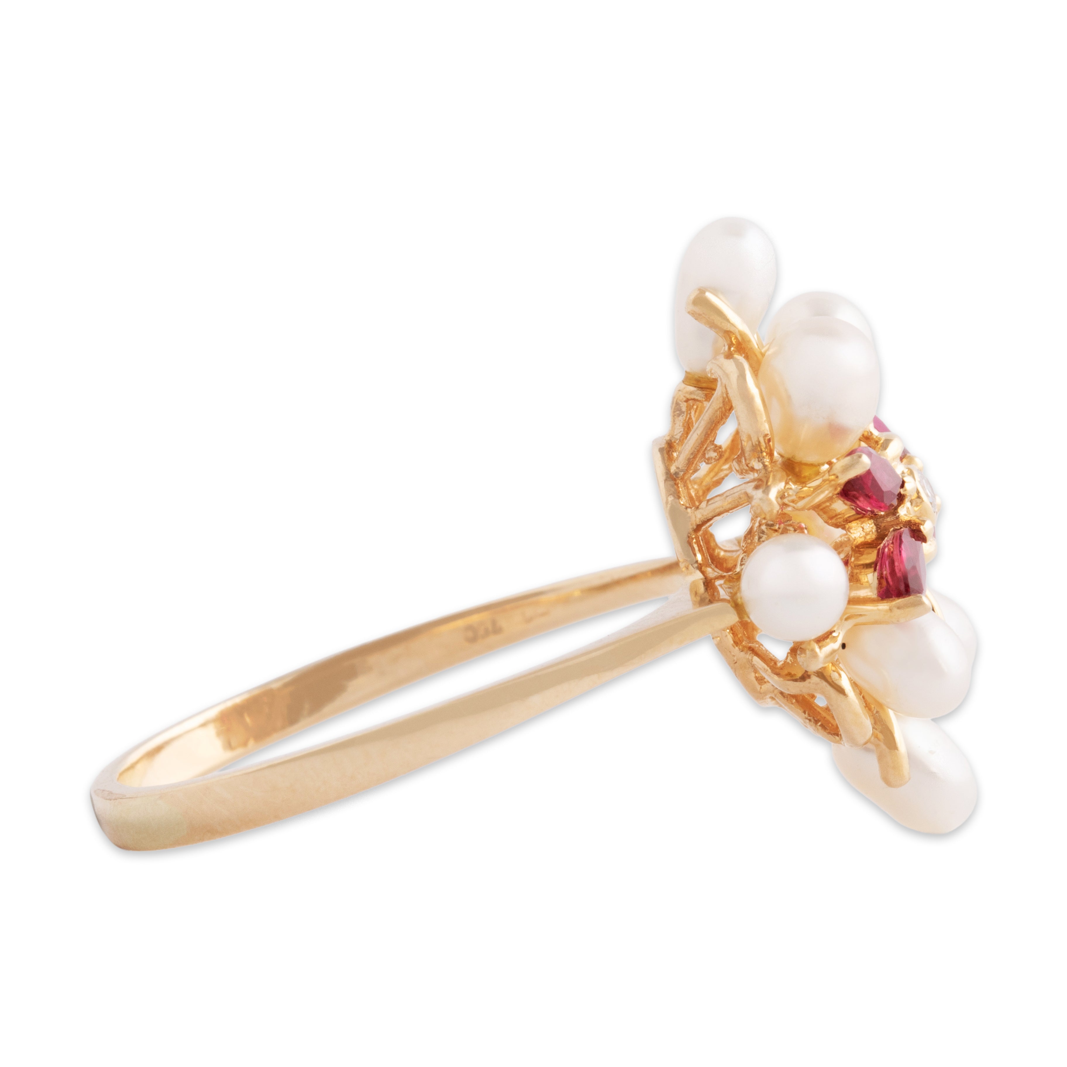 Vintage 18k Yellow Gold Pearl Ruby Diamond Elegant Burst Ring - Side view