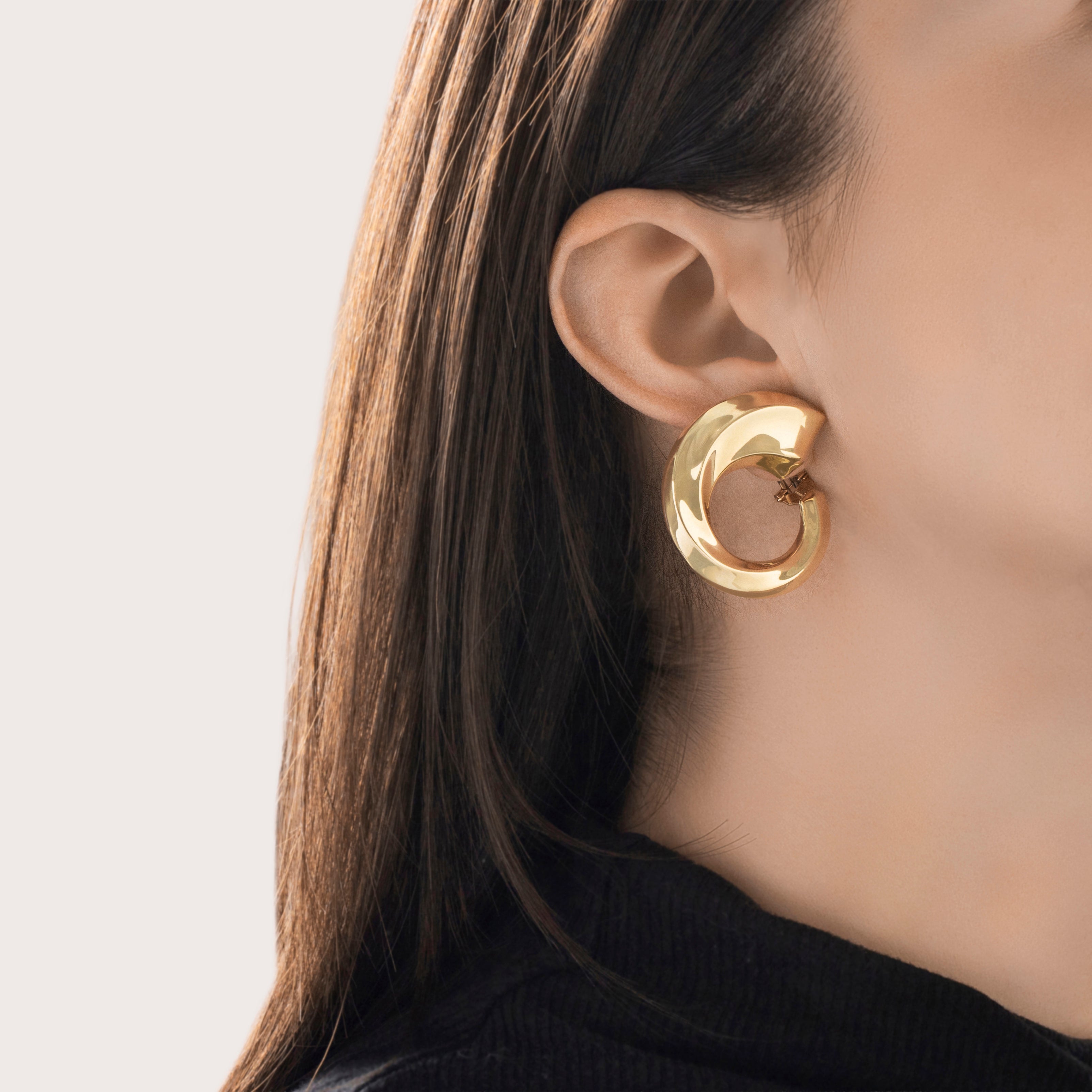 Vintage Italian Large 14k Yellow Gold Bold Twisted Loop Earrings - On model view
