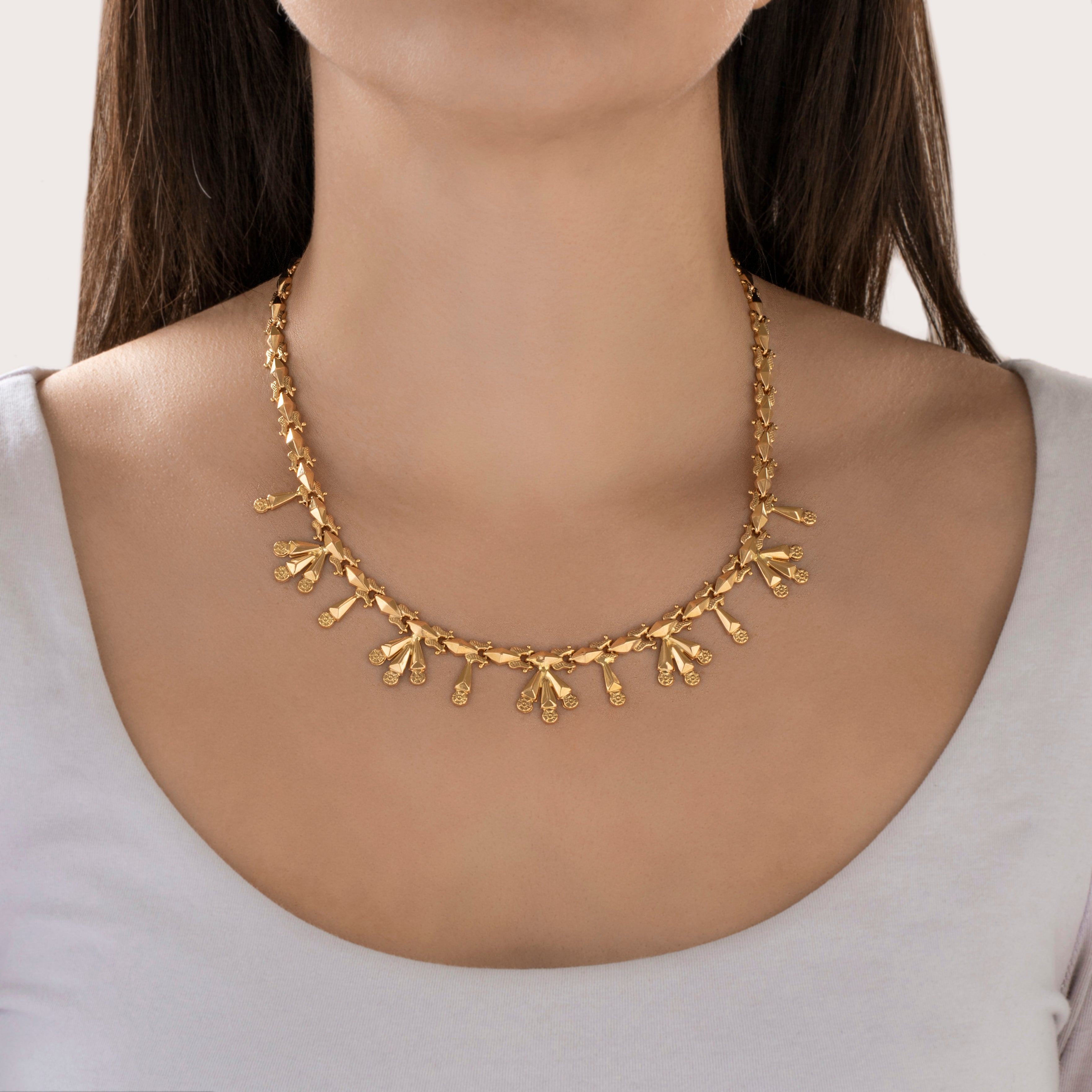 Vintage Italian 18k Yellow Gold Substantial Fringe Collar Necklace - On model view