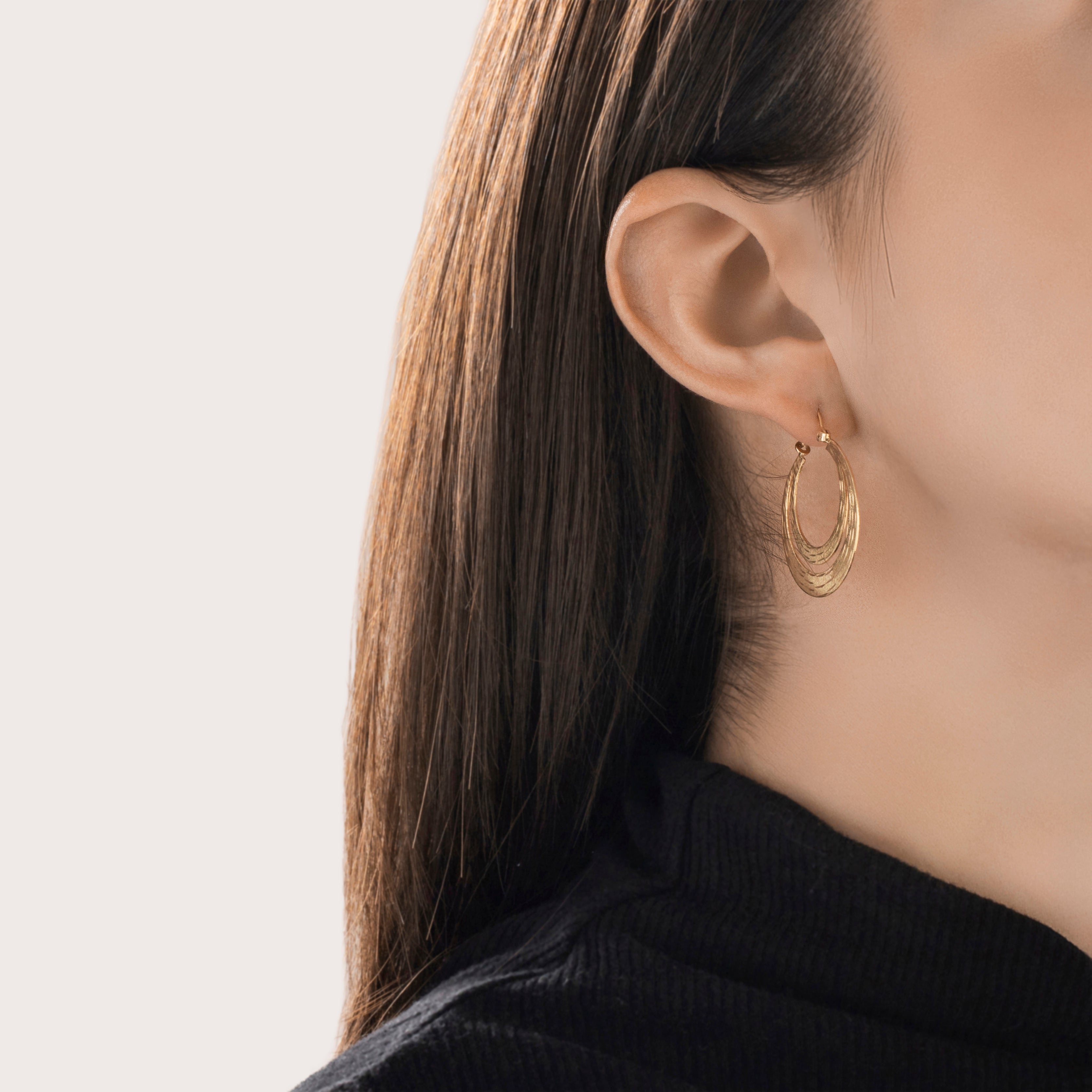 Vintage 14k Yellow Gold Layered Crescent Hoop Earrings - On model view