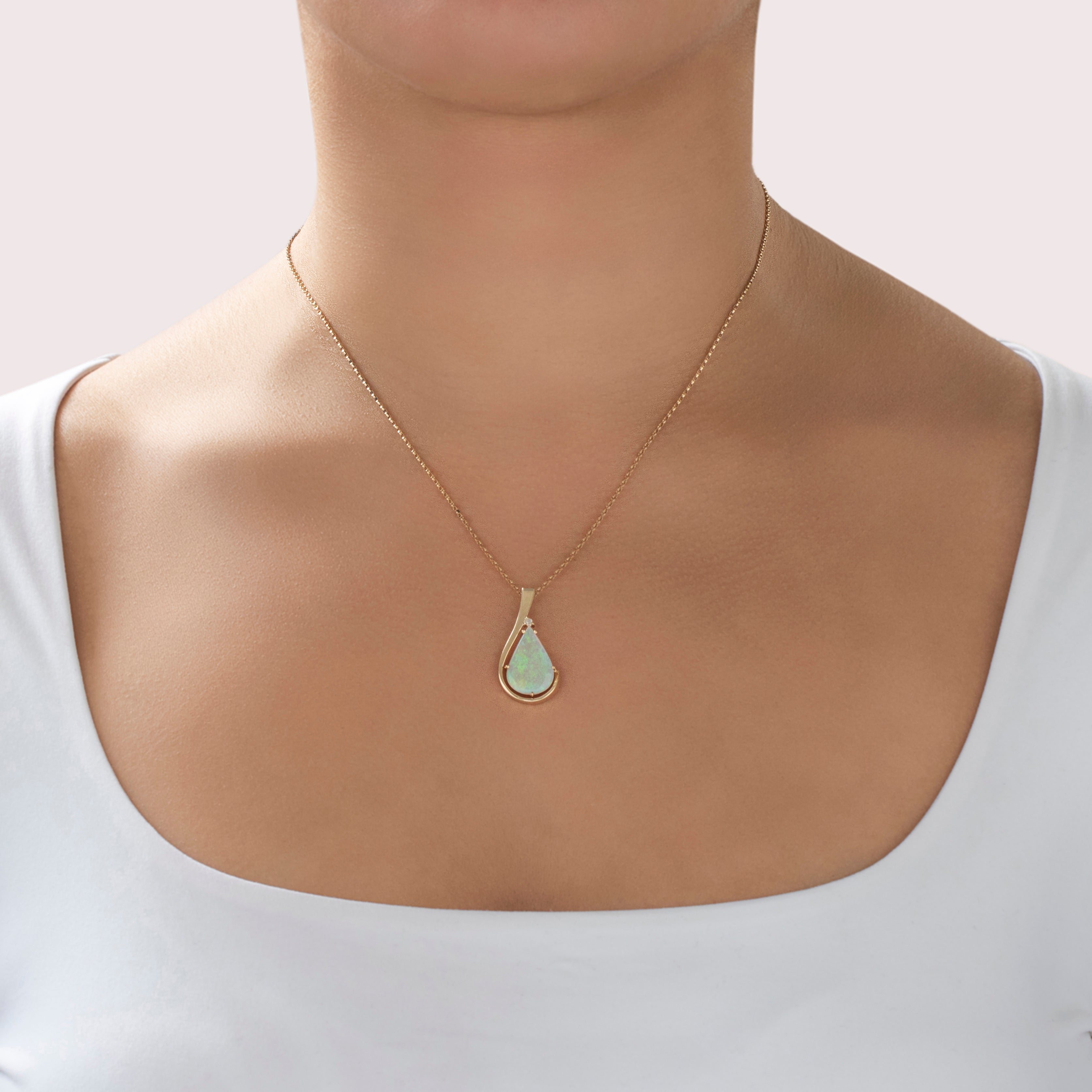 Vintage 14k Yellow Gold 2.94ct Opal Diamond Asymmetrical Iridescent Pendant - On model view