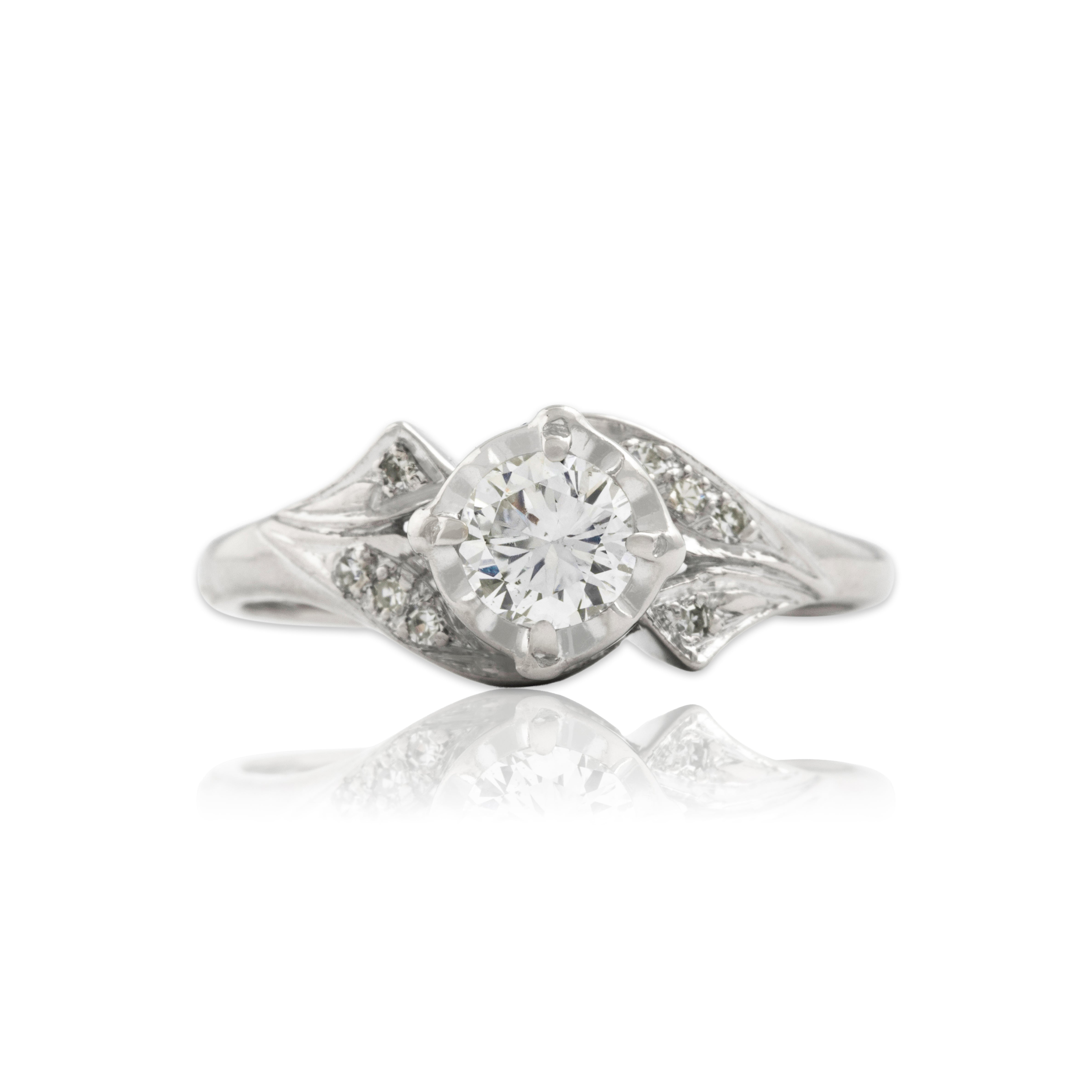 Vintage 14k White Gold .51cttw Diamond Brilliant Scrolling Shoulder Ring - Close-up view