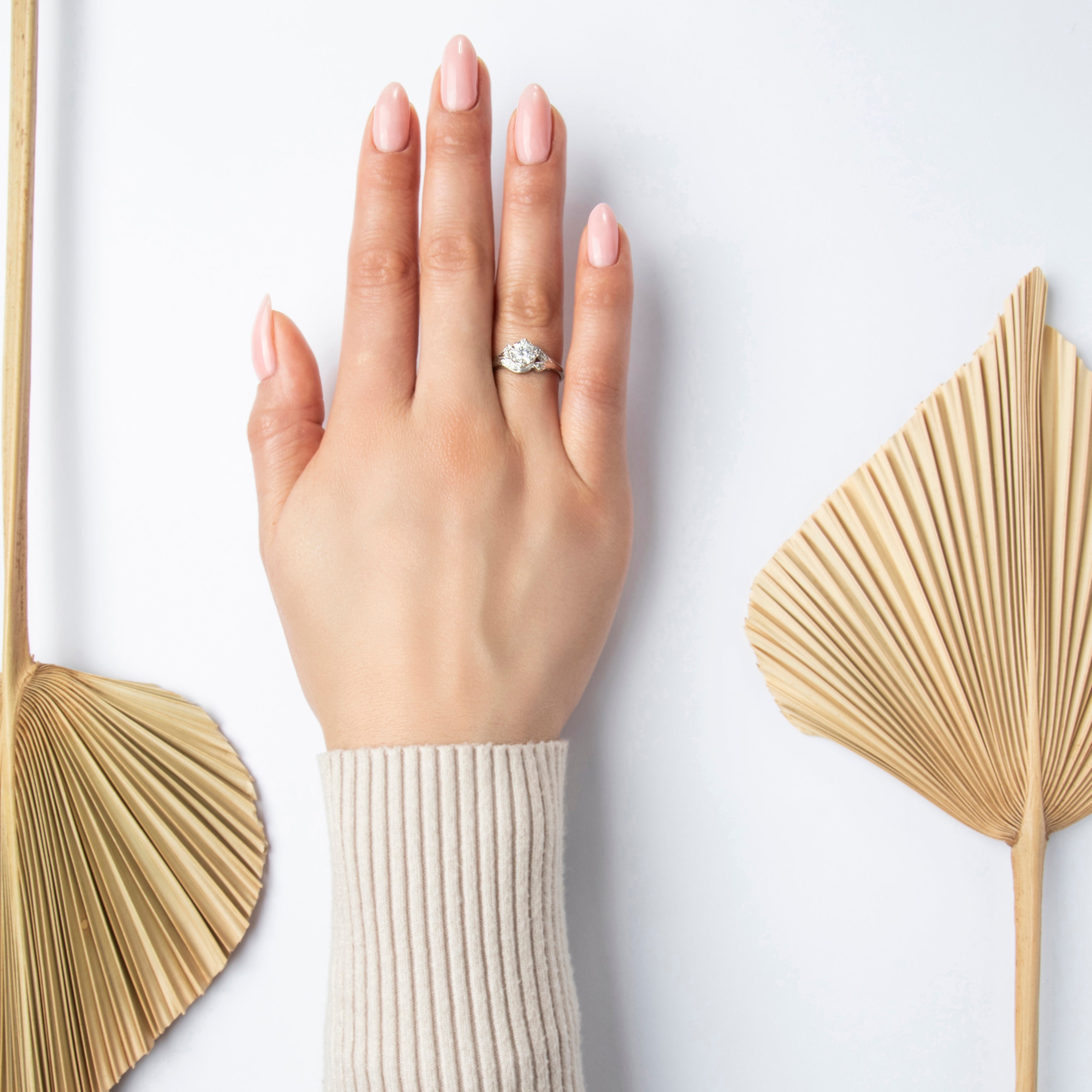 Vintage 14k White Gold .51cttw Diamond Brilliant Scrolling Shoulder Ring - On model view