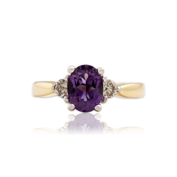 Vintage 14k Yellow Gold 1ct Amethyst Diamond Flashing Oval Ring 6.25