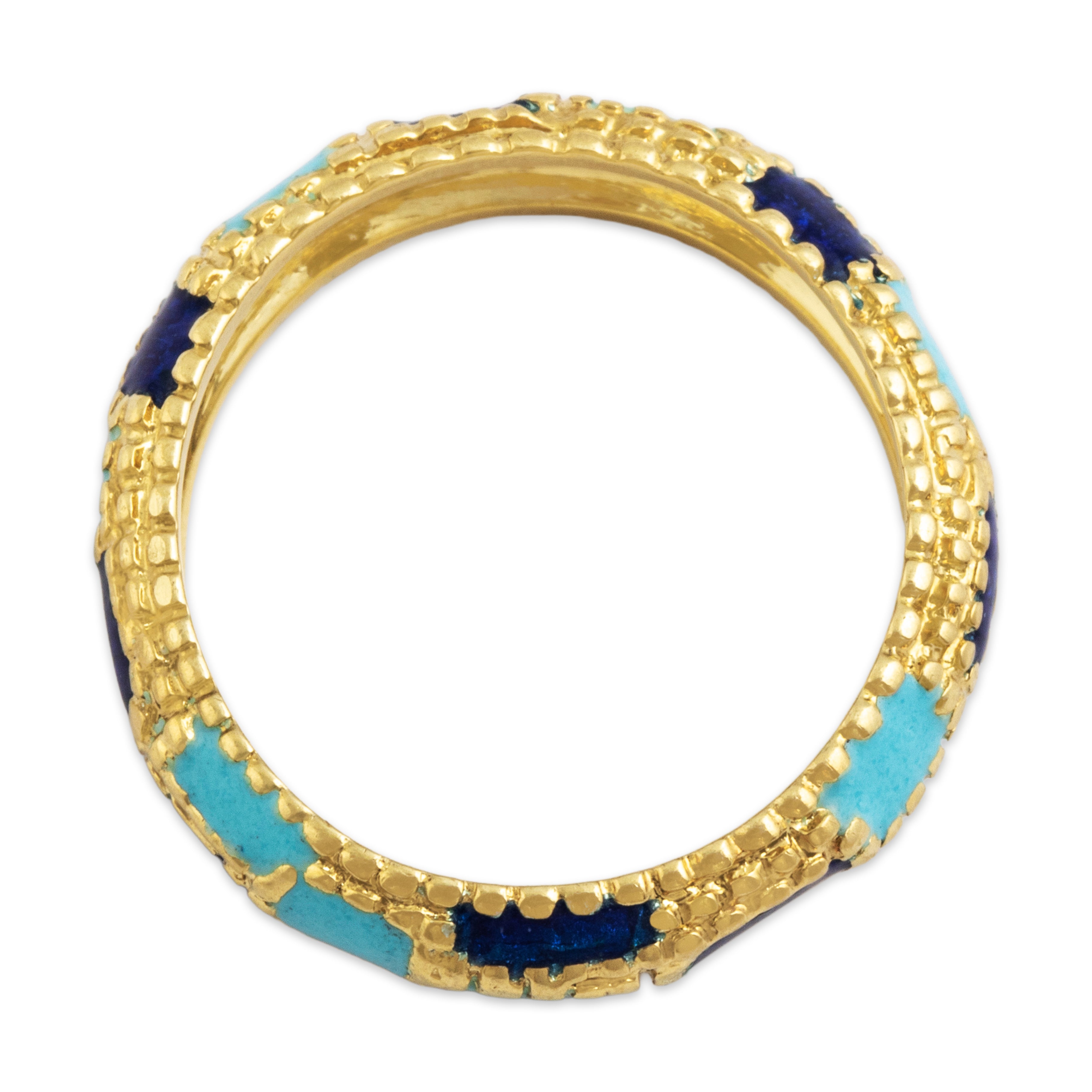 Vintage 18k Yellow Gold Two-Tone Blue Enamel Geometric Band Ring - Overall view