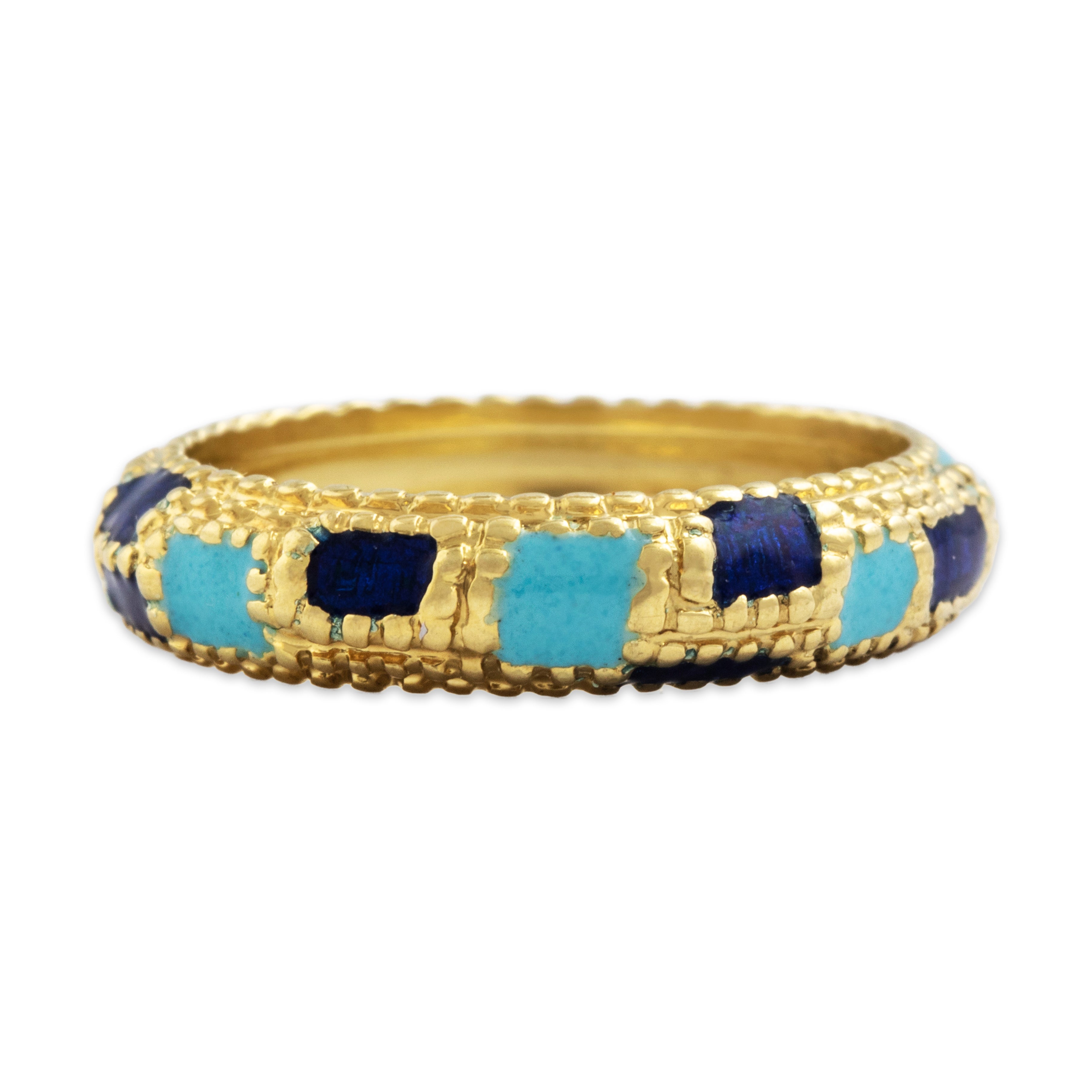 Vintage 18k Yellow Gold Two-Tone Blue Enamel Geometric Band Ring - detail view #2