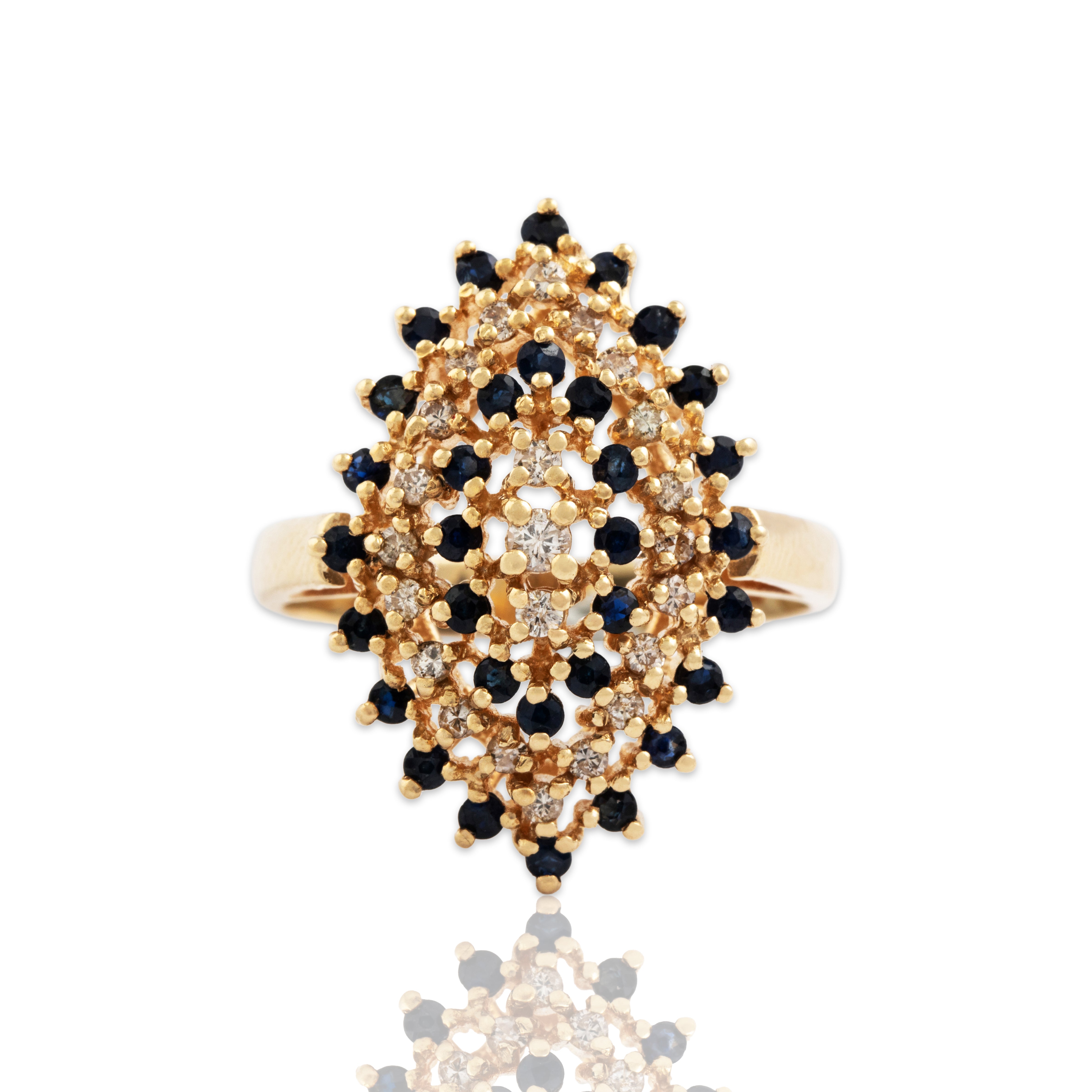 Vintage 14k Yellow Gold Sapphire Diamond Impressive Cluster Statement Ring - Close-up view