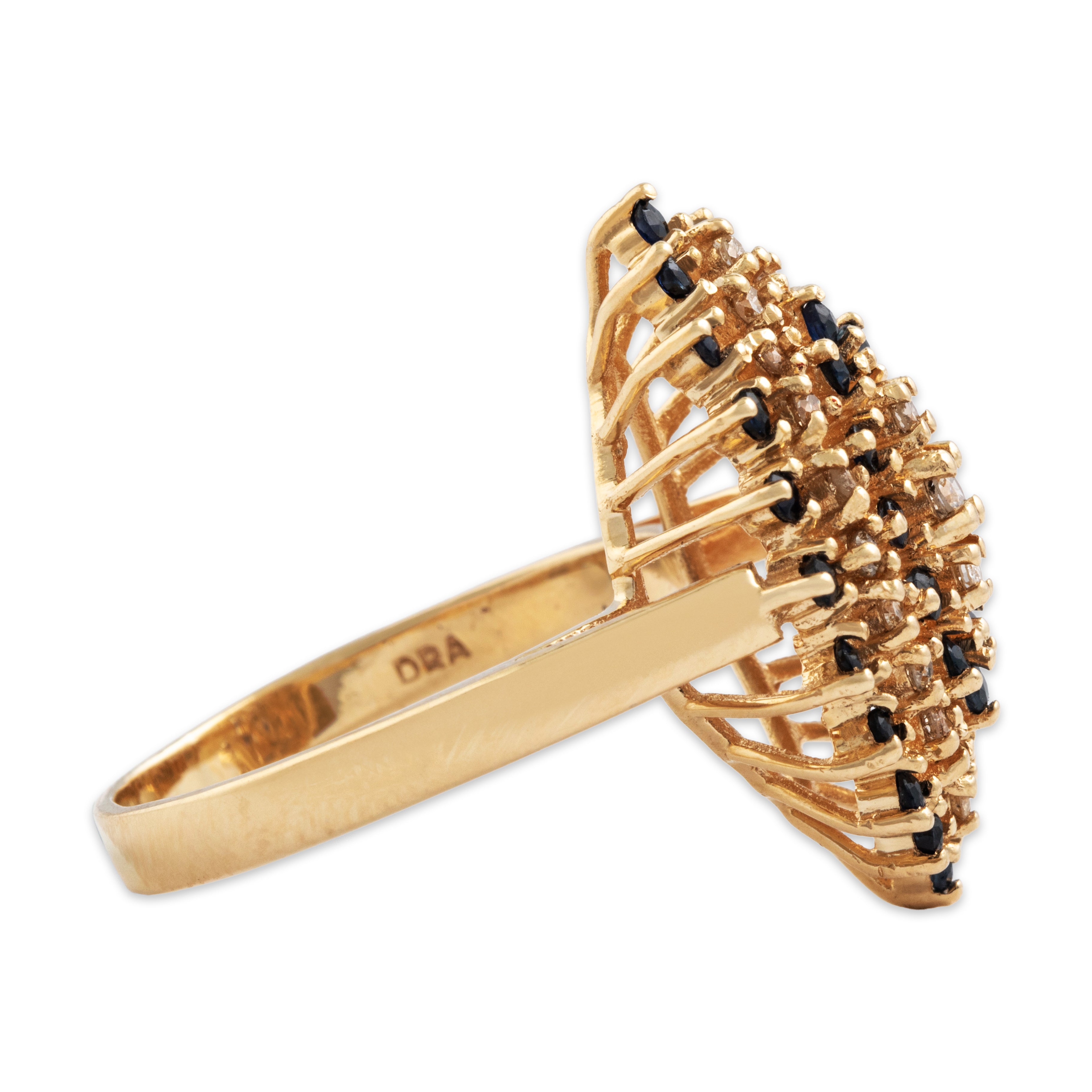 Vintage 14k Yellow Gold Sapphire Diamond Impressive Cluster Statement Ring - Side view