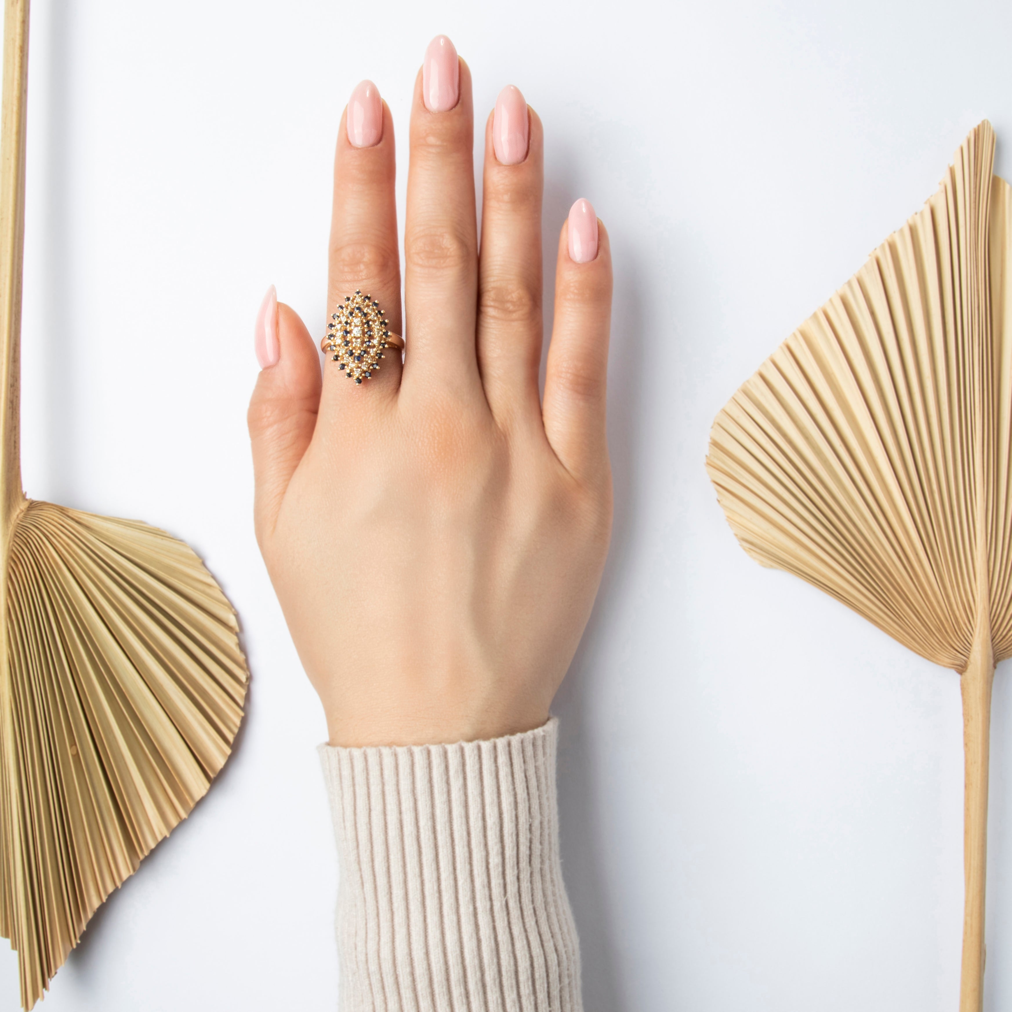 Vintage 14k Yellow Gold Sapphire Diamond Impressive Cluster Statement Ring - On model view