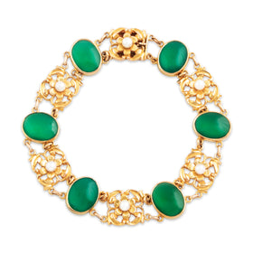 Antique Art Nouveau 14k Yellow Gold 11.35cttw Chrysoprase Pearl Bracelet 6.5"