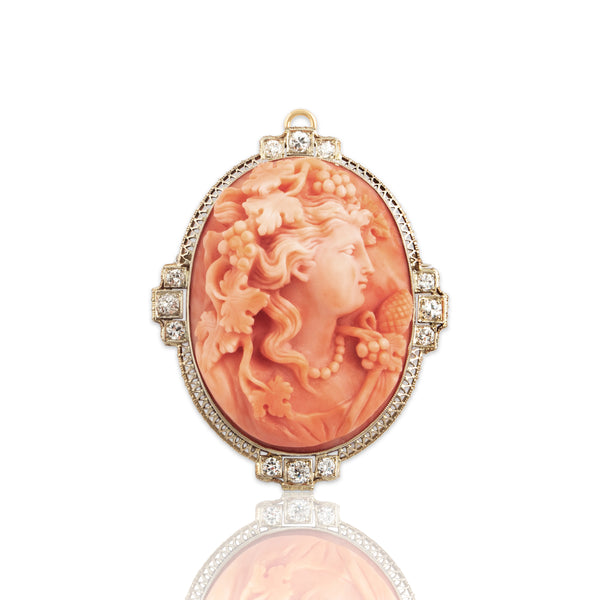 Antique Large 14k White & Yellow Gold Coral Old European Diamond Cameo Pin / Pendant