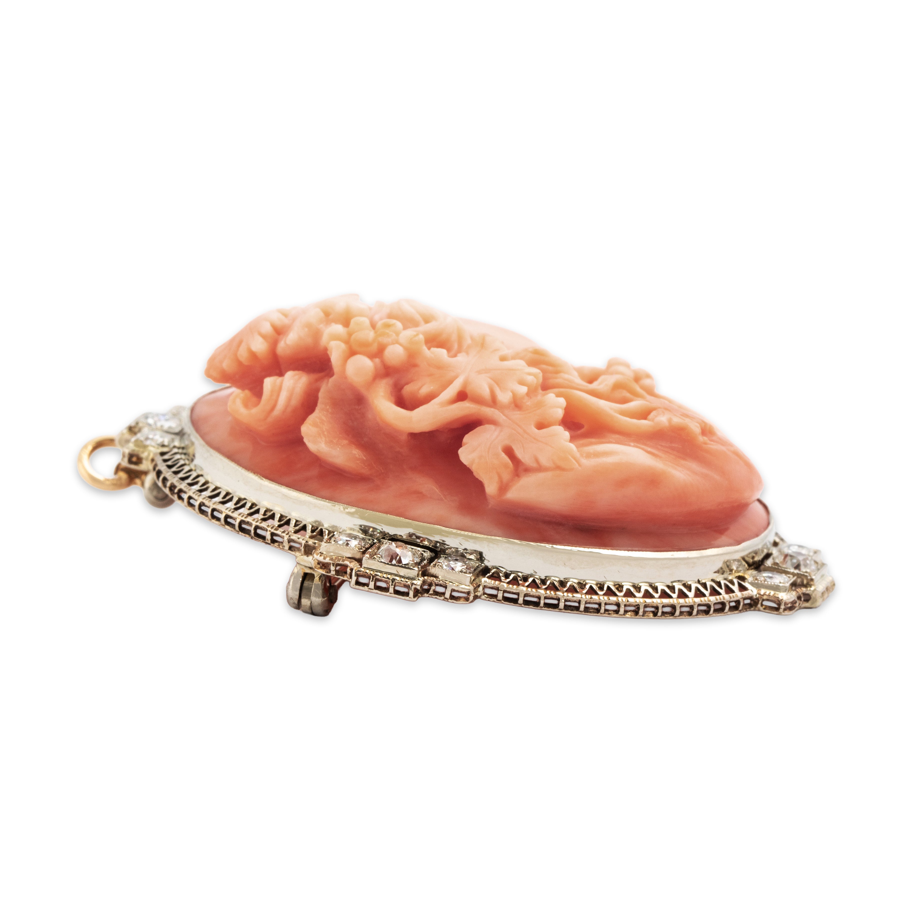 Antique Large 14k White & Yellow Gold Coral Old European Diamond Cameo Pin / Pendant - Side view