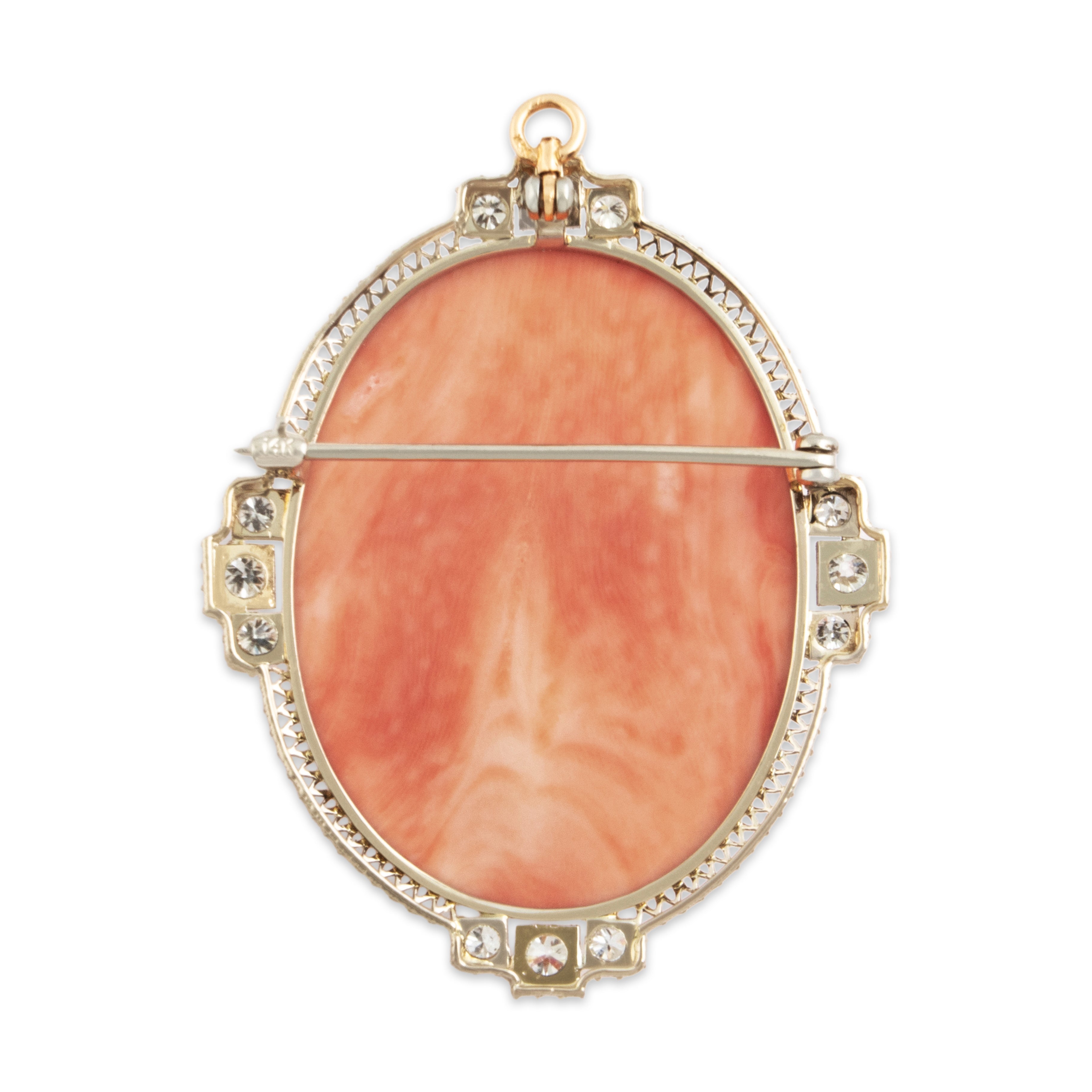 Antique Large 14k White & Yellow Gold Coral Old European Diamond Cameo Pin / Pendant - Back view