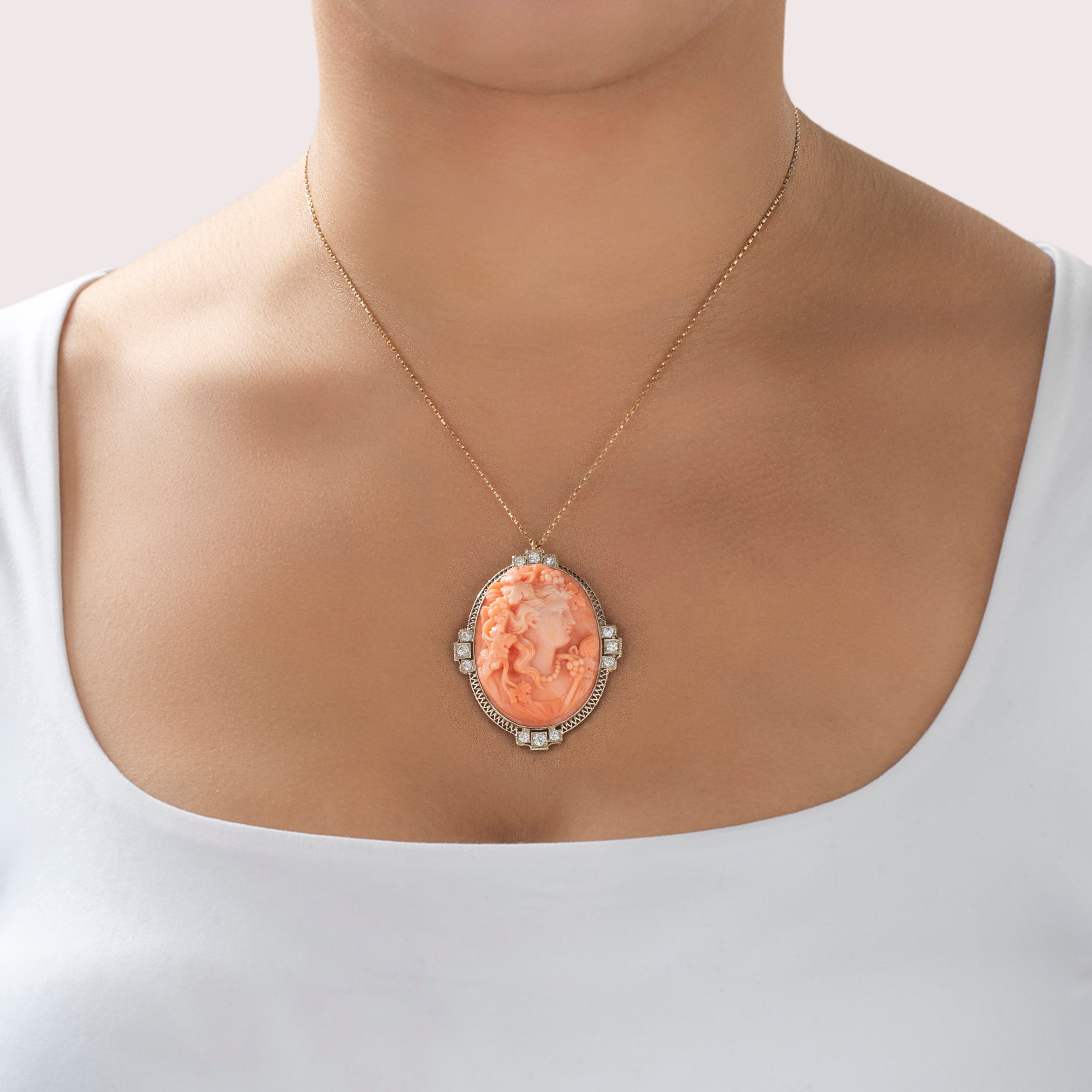 Antique Large 14k White & Yellow Gold Coral Old European Diamond Cameo Pin / Pendant - On model view