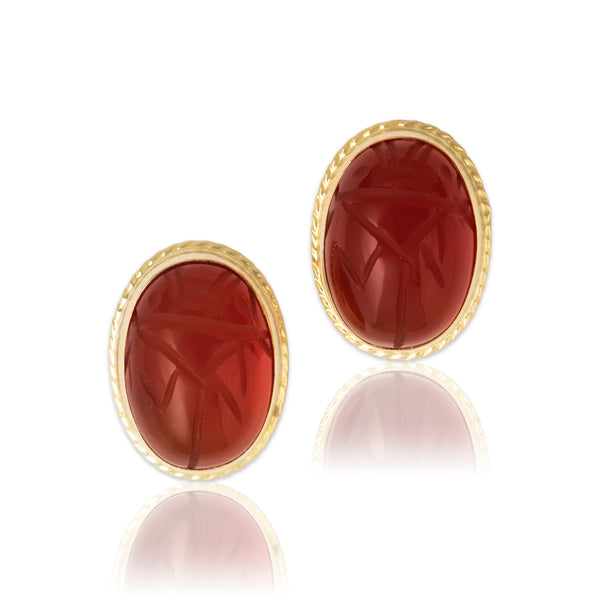 Vintage 14k Yellow Gold 10.5cttw Carnelian Framed Engraved Scarab Stud Earrings