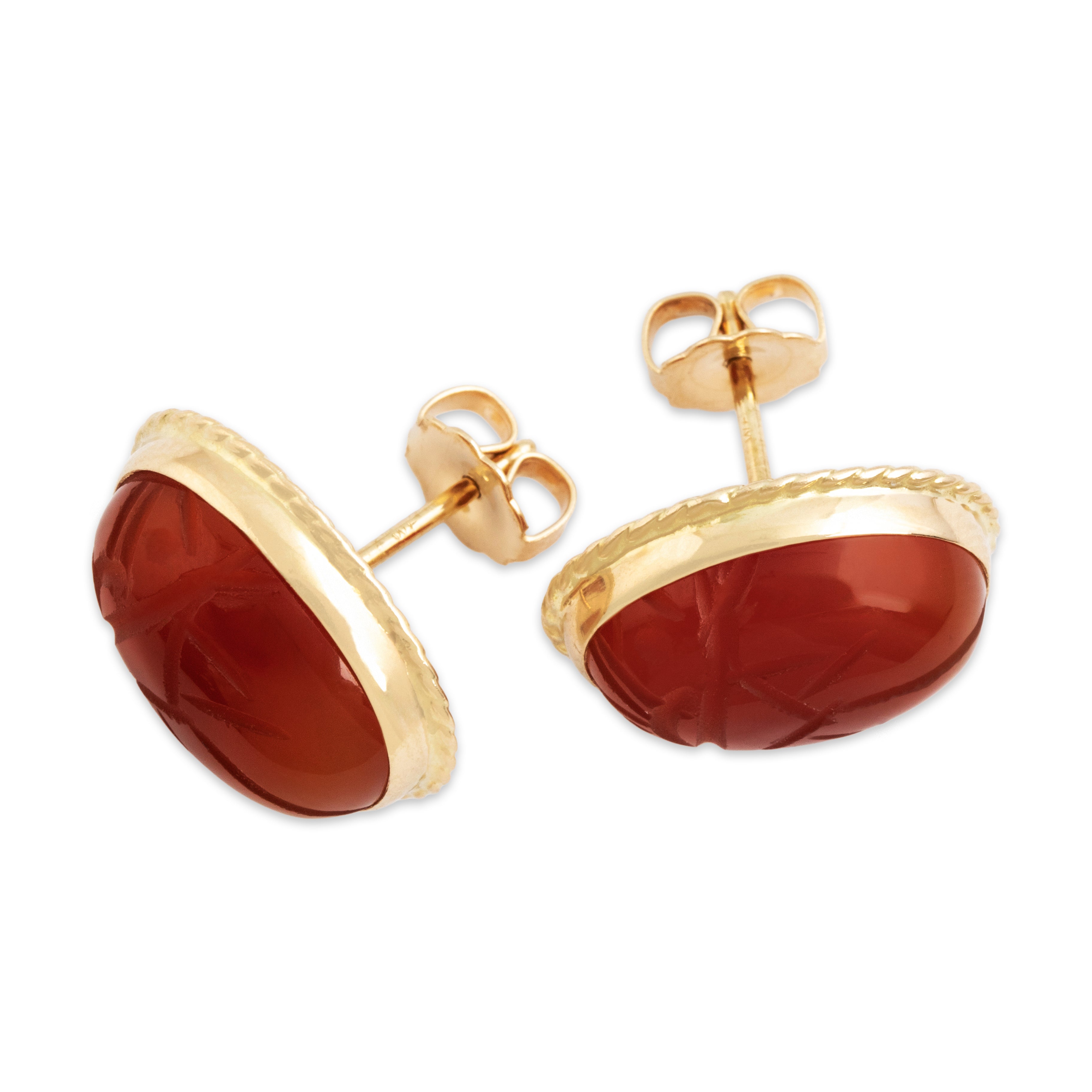 Vintage 14k Yellow Gold 10.5cttw Carnelian Framed Engraved Scarab Stud Earrings - Overall view