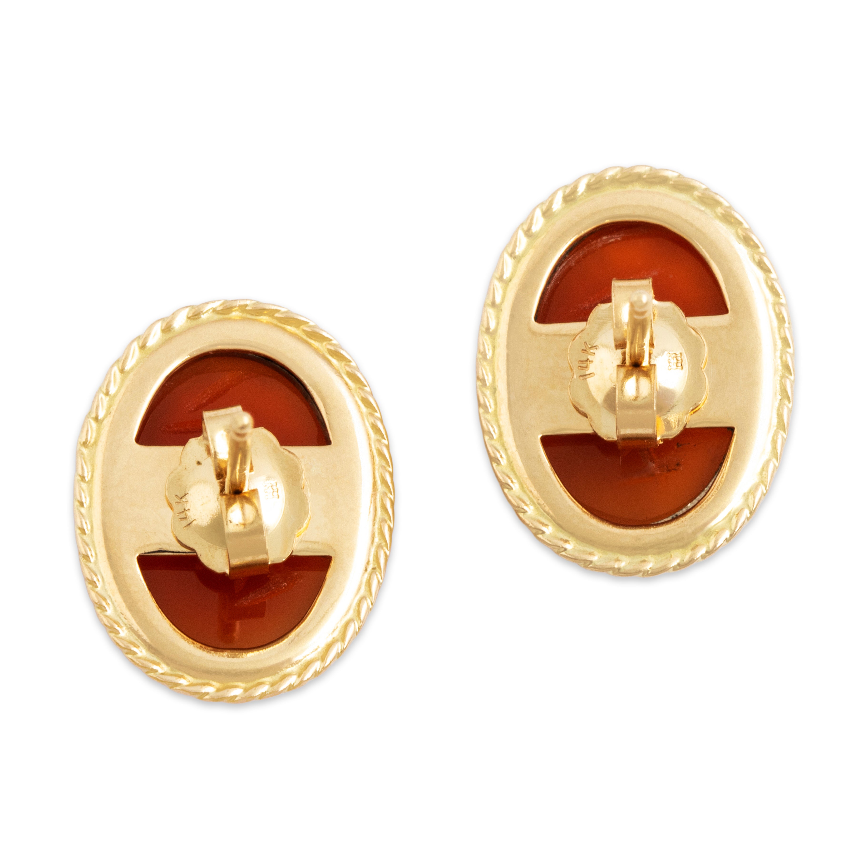 Vintage 14k Yellow Gold 10.5cttw Carnelian Framed Engraved Scarab Stud Earrings - Back view