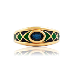 Vintage 18k Yellow Gold Blue Sapphire Enamel Pattern East-West Bezel Ring 6.75