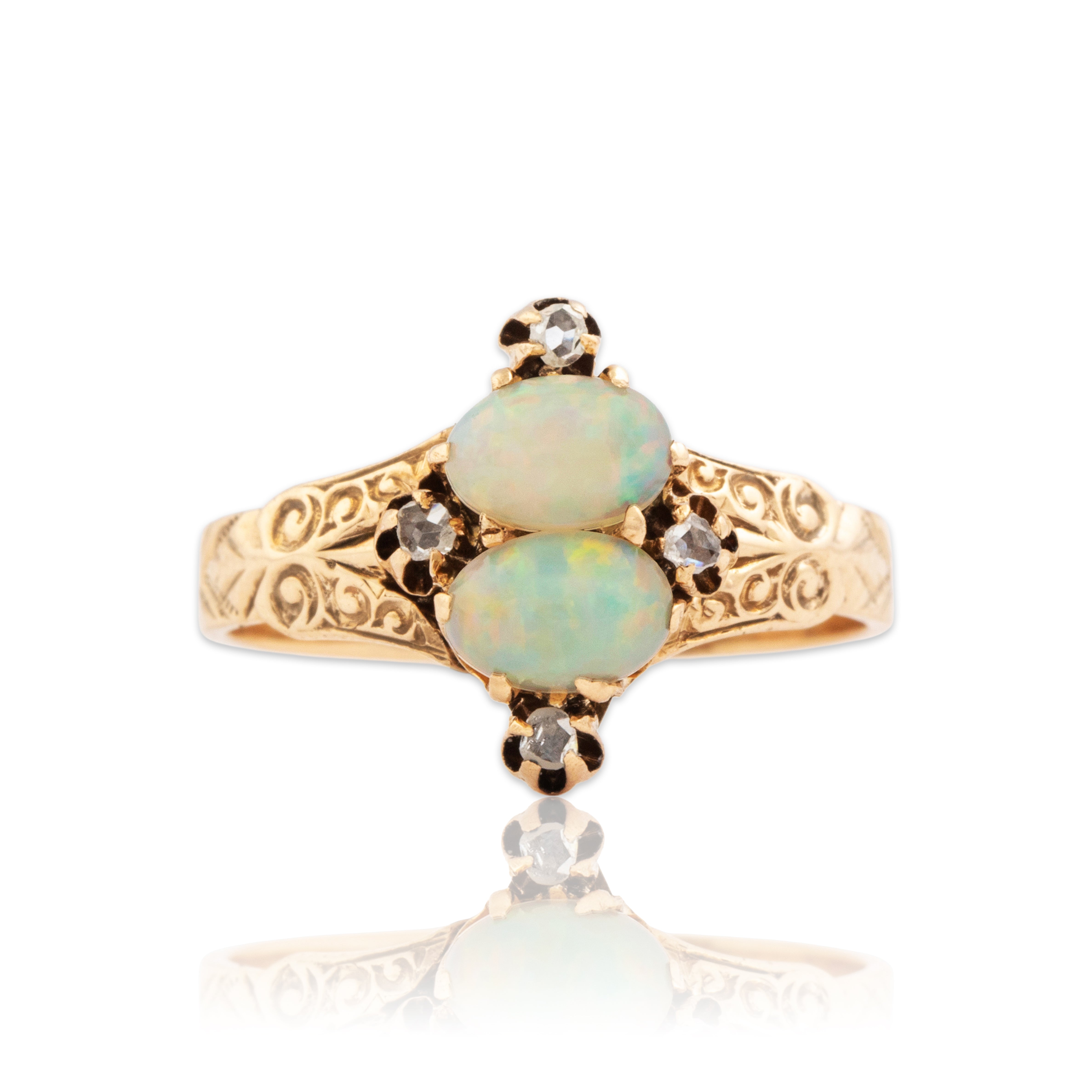 Antique Ripley-Howland Mfg. Co. 10k Rosy Yellow Gold Opal Diamond Ring - Close-up view