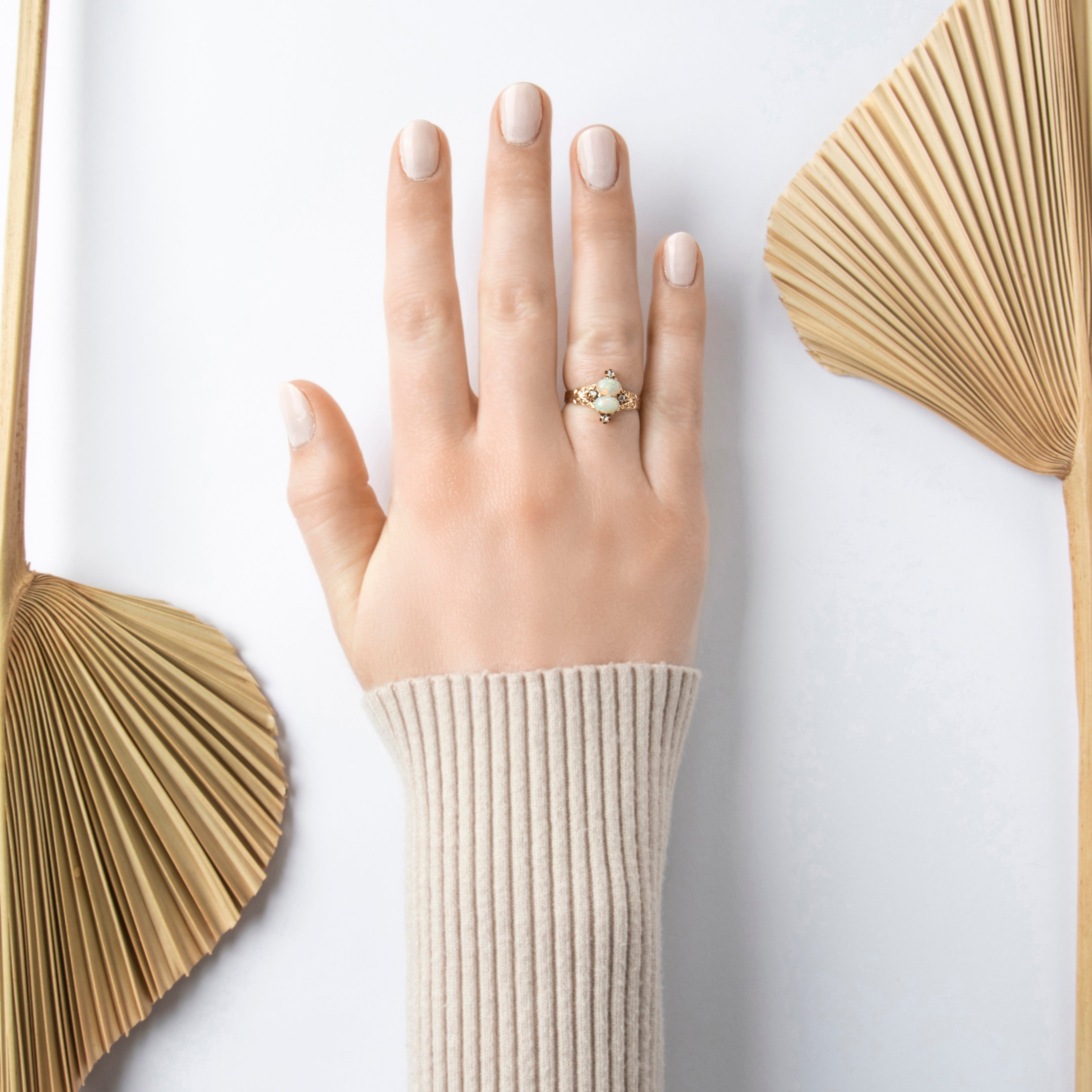 Antique Ripley-Howland Mfg. Co. 10k Rosy Yellow Gold Opal Diamond Ring - On model view